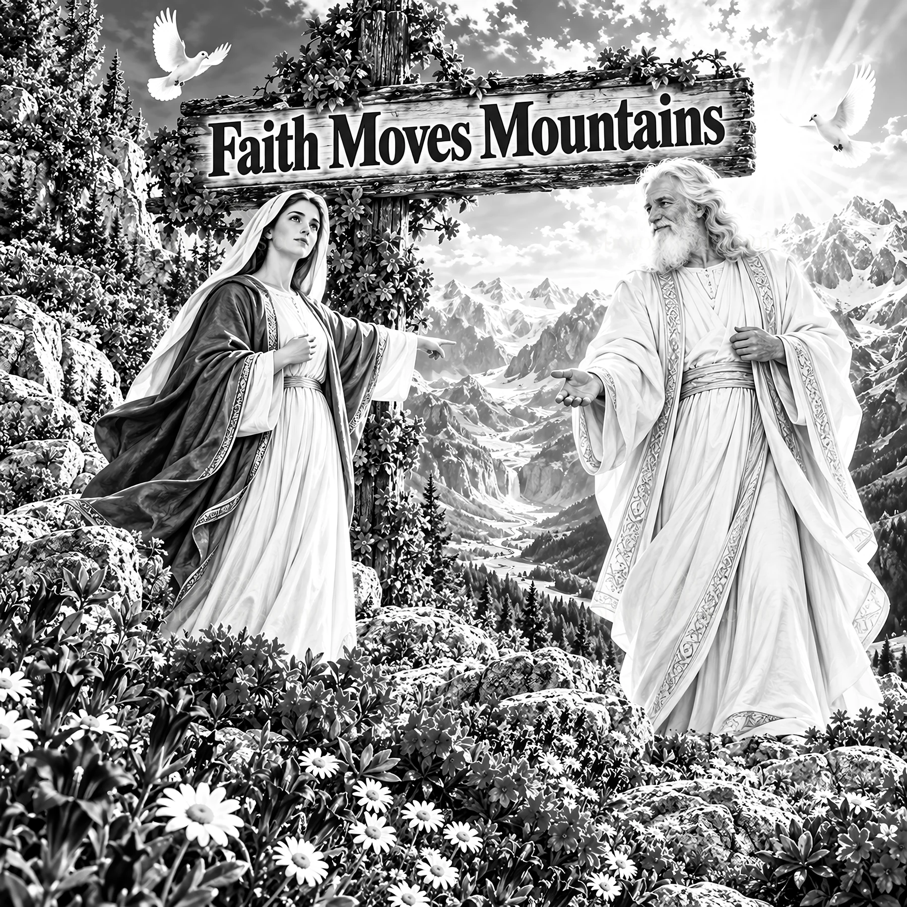 Jesus Christ welcomes a woman in a mountain landscape - AI-generated stock image