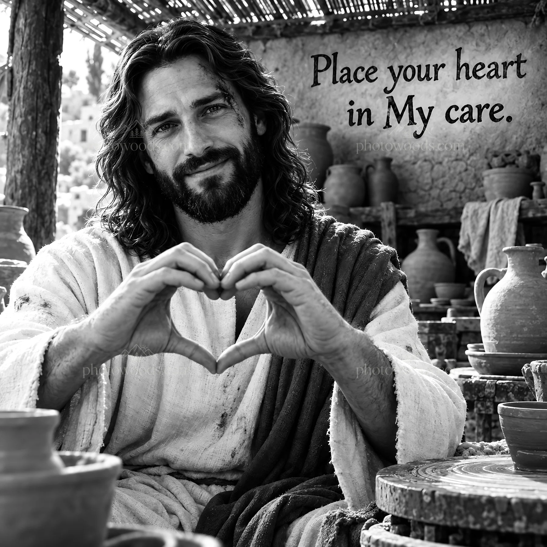 Jesus Christ inviting care and love through heart gesture - AI-generated stock image