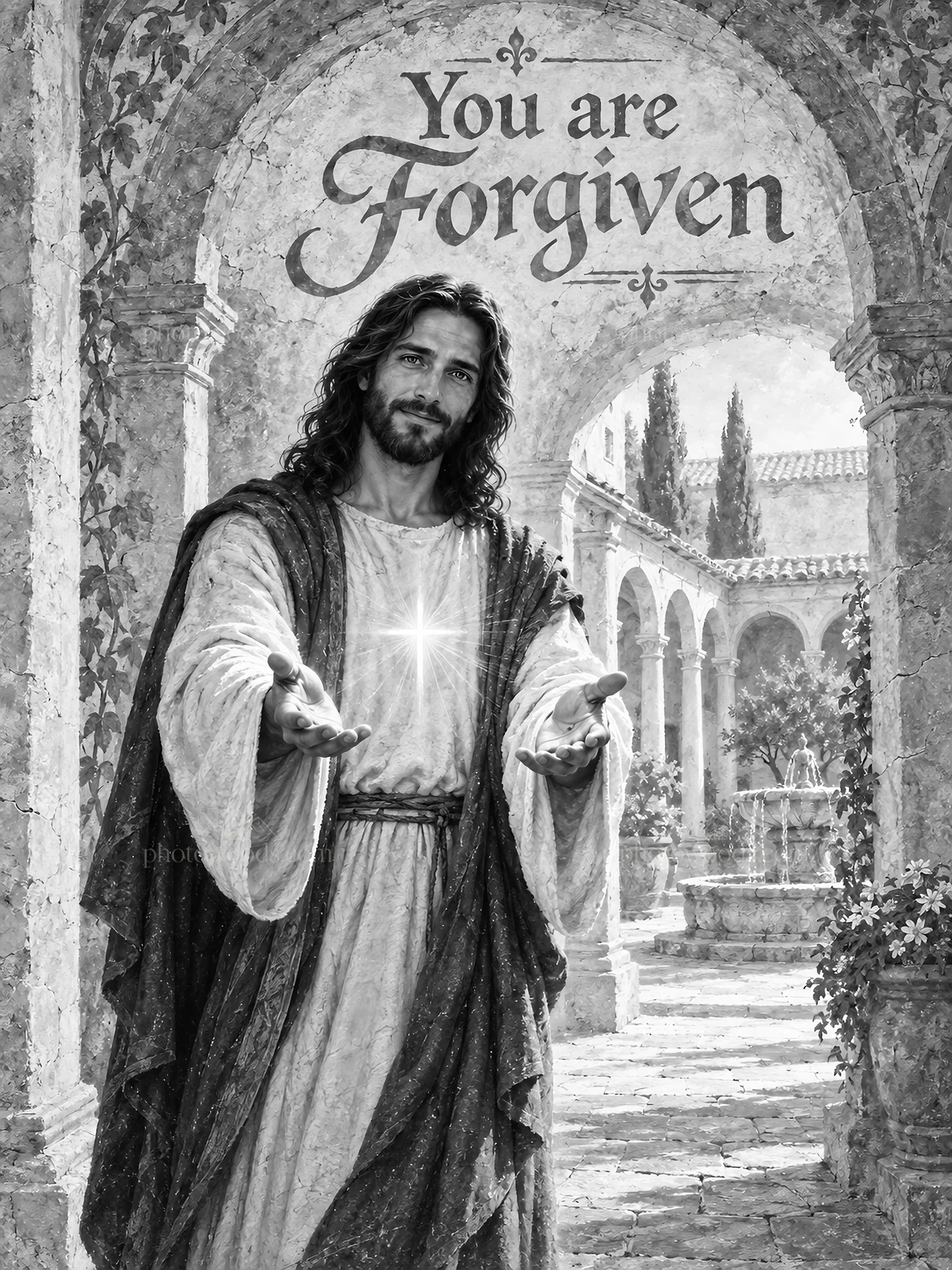 Jesus Christ offering forgiveness with open hands - AI-generated stock image