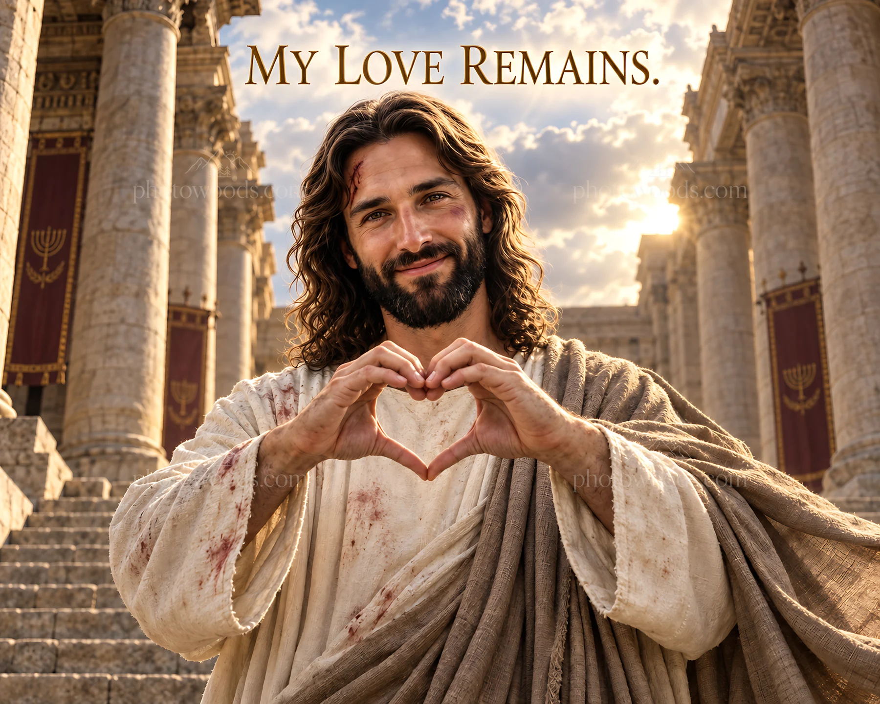 Jesus Christ forming a heart shape with his hands - AI-generated stock image