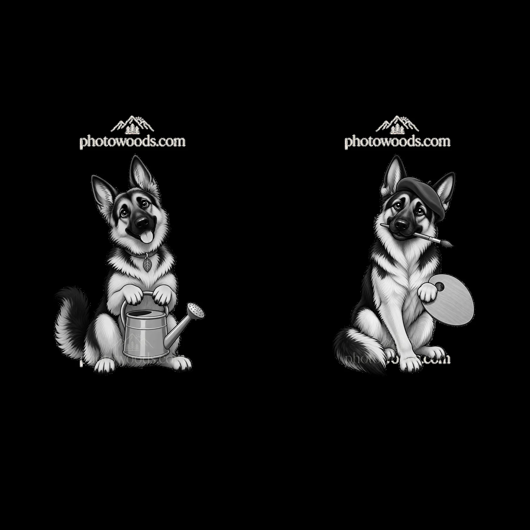 Two German Shepherd dogs are depicted in a black-and-white style - AI-generated stock image