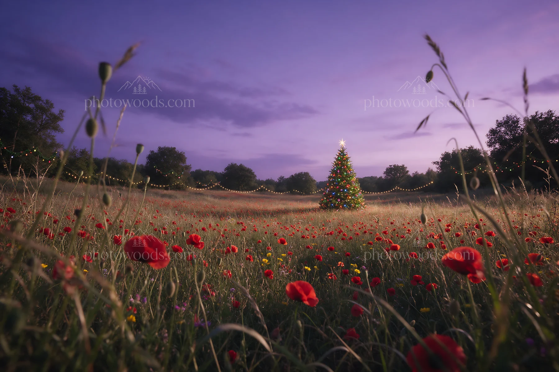 Vibrant Christmas tree in meadow at dusk - AI-generated stock image