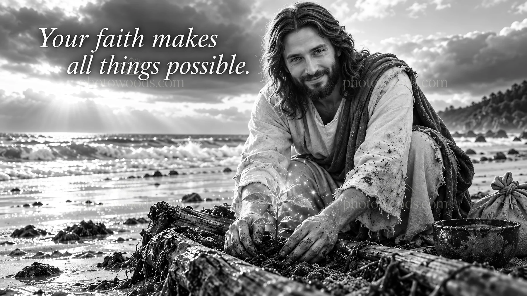 Jesus Christ planting a seed by the shore - AI-generated stock image