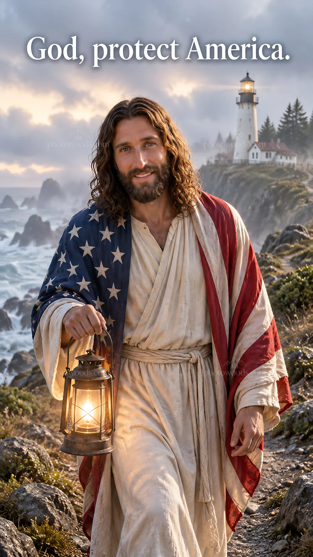 Jesus Christ carrying a lantern in a patriotic setting - AI-generated stock image