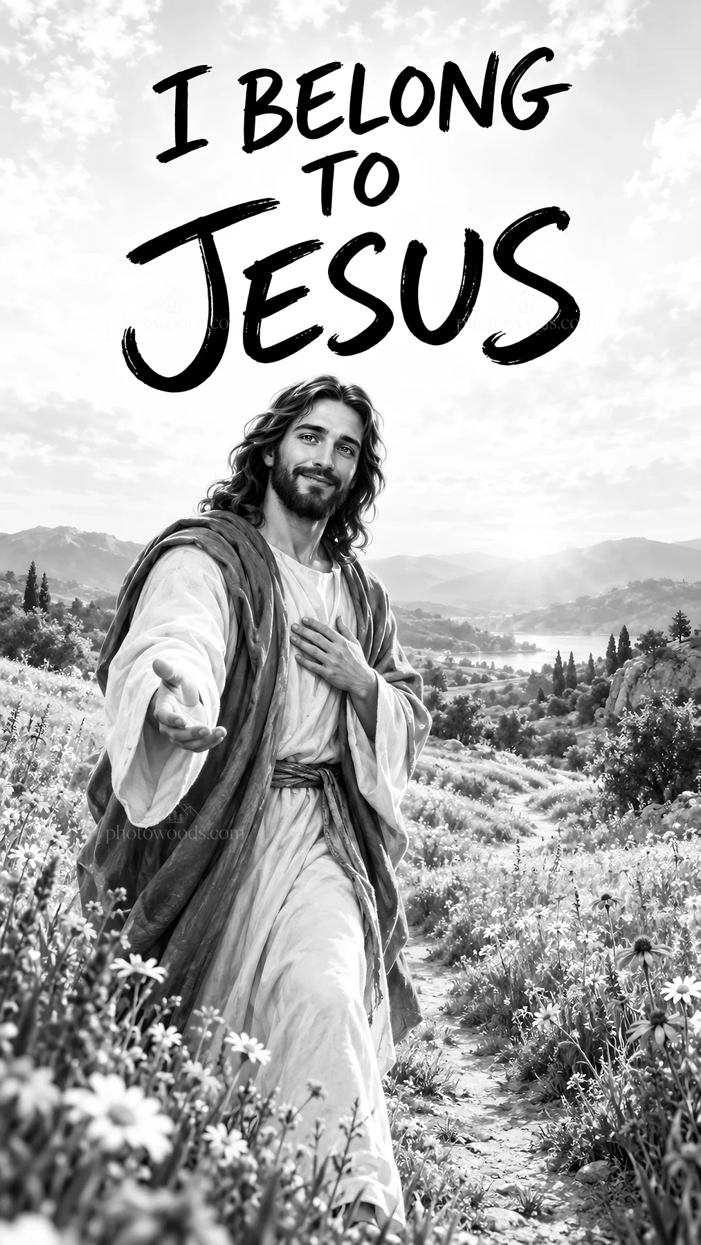 Jesus Christ inviting a follower along a path - AI-generated stock image