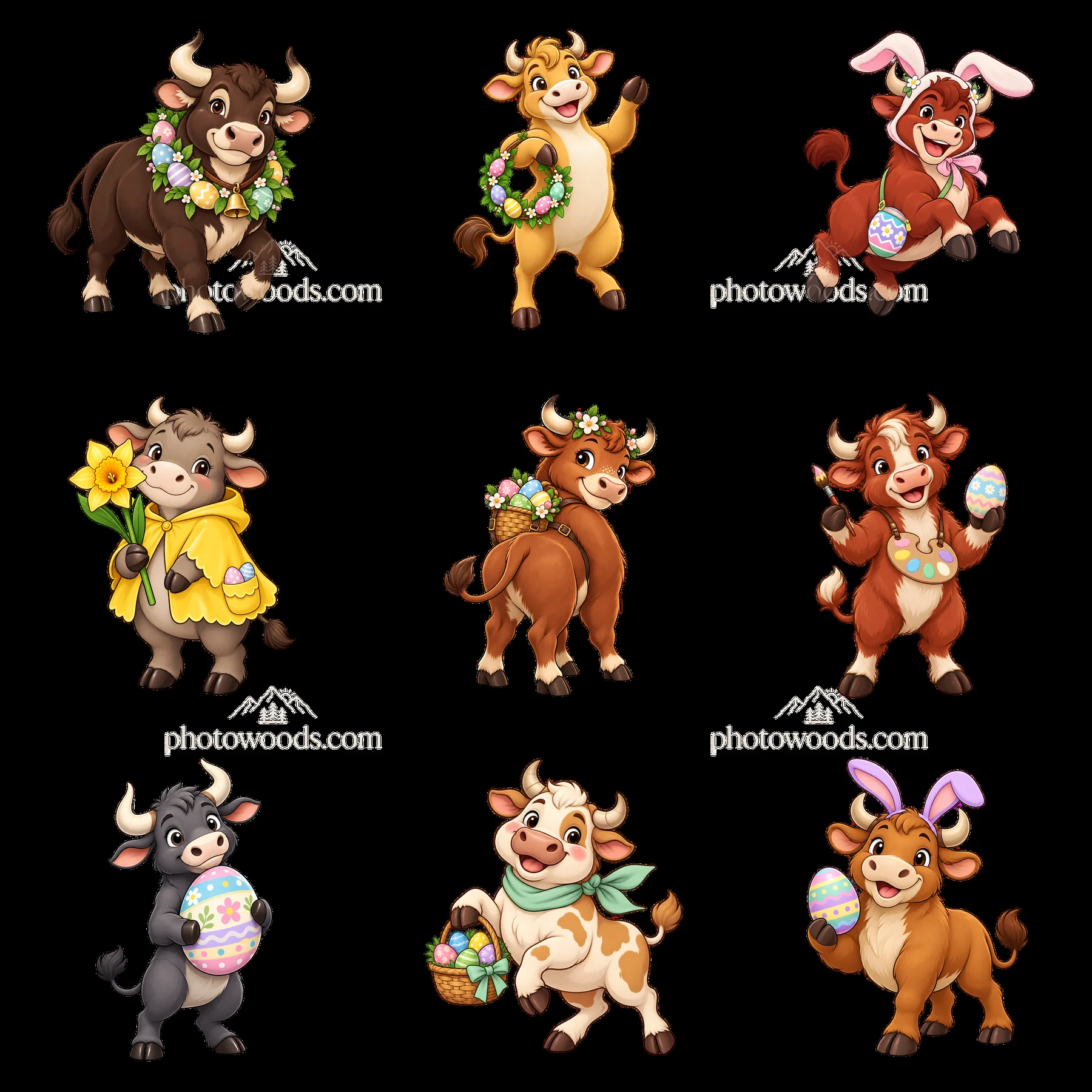 Easter ox characters with decorations and festive activities - AI-generated stock image