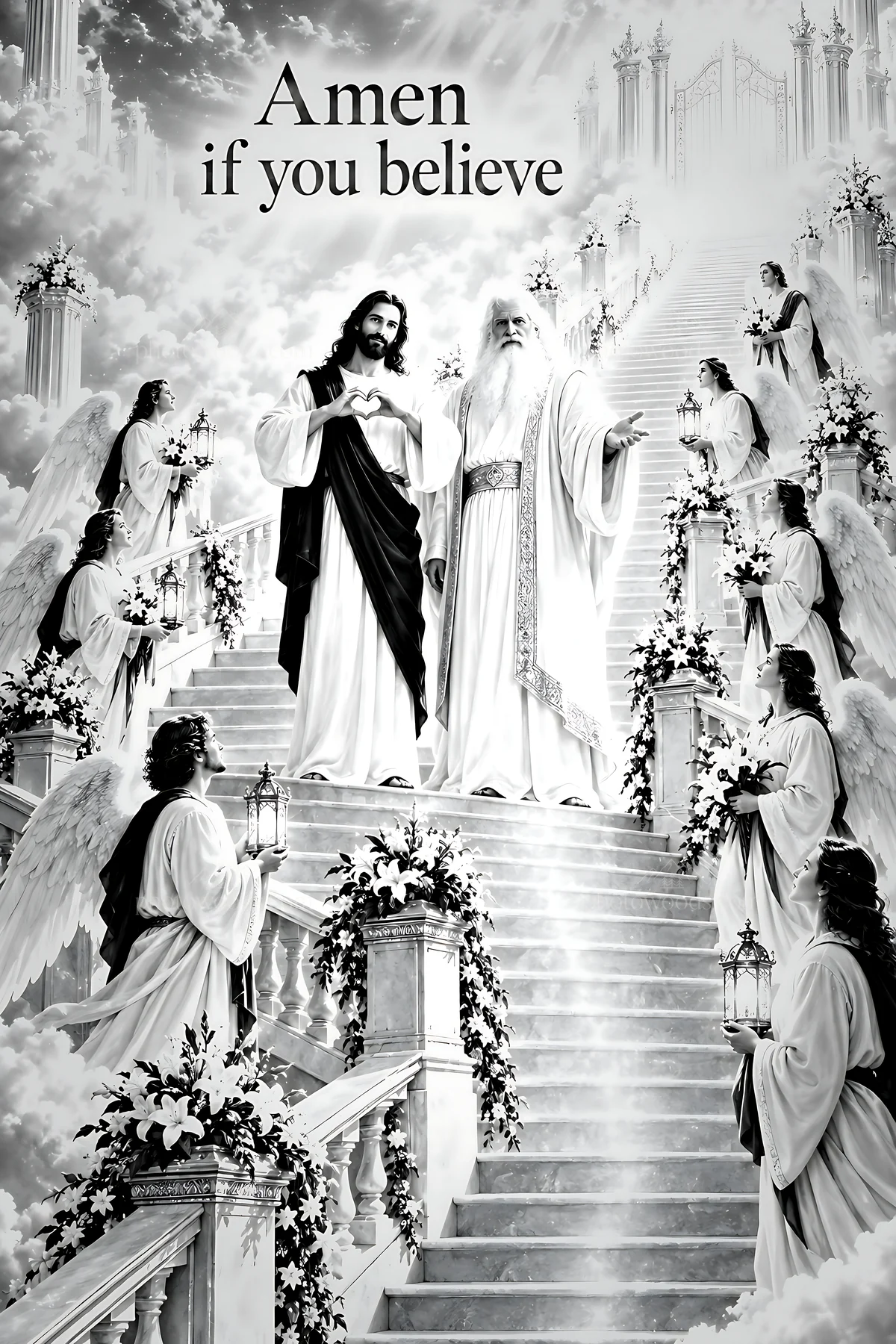 Stairway of Welcome with figures and angels - AI-generated stock image