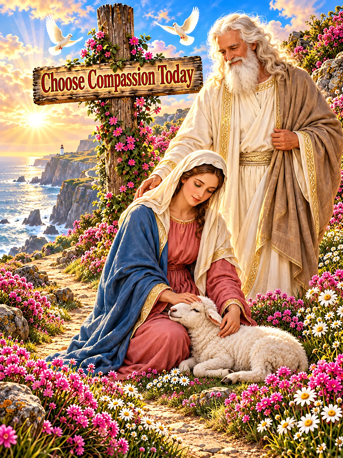 Jesus Christ with woman and lamb in a garden scene - AI-generated stock image