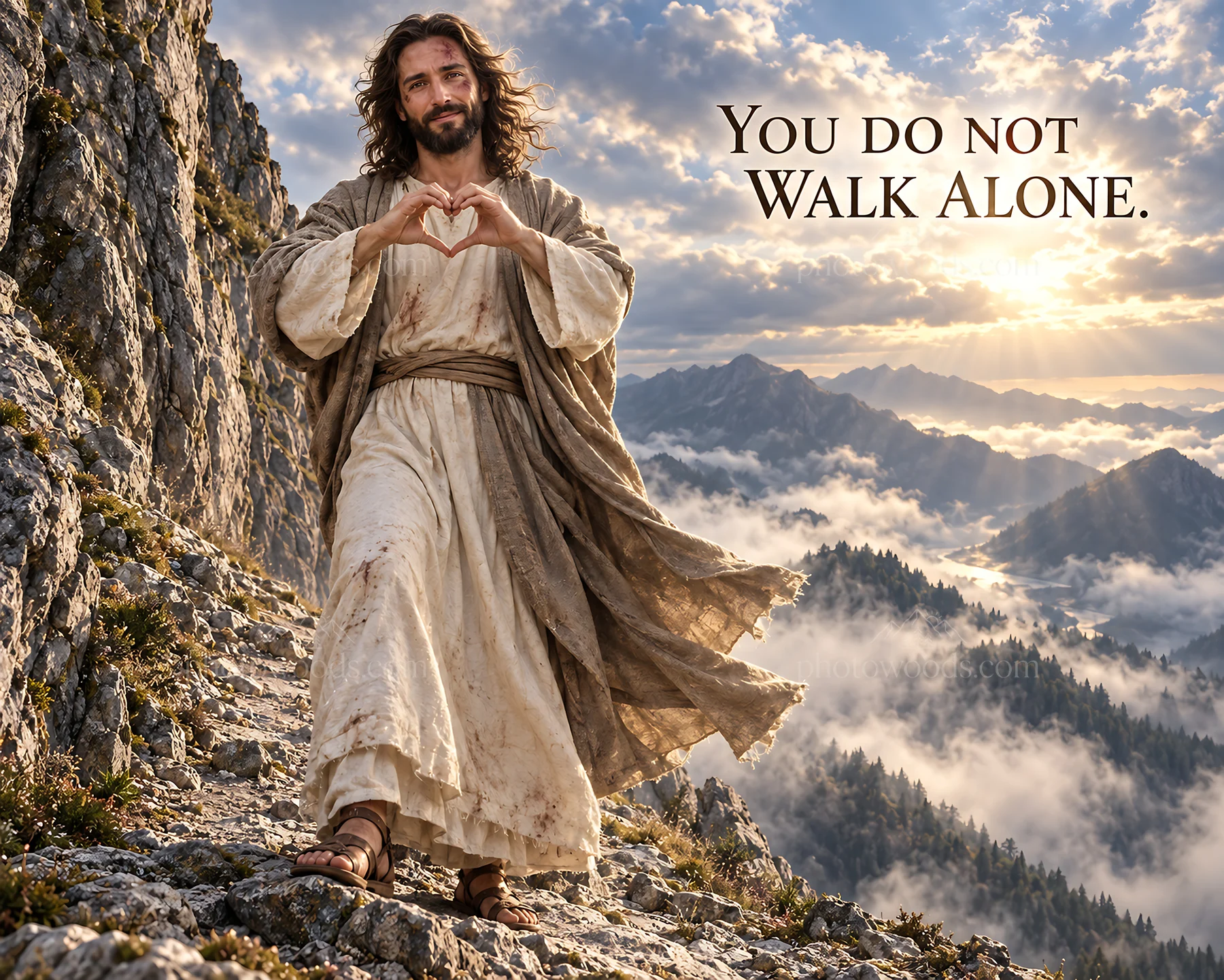 Jesus Christ walking on a mountain path inviting viewers - AI-generated stock image
