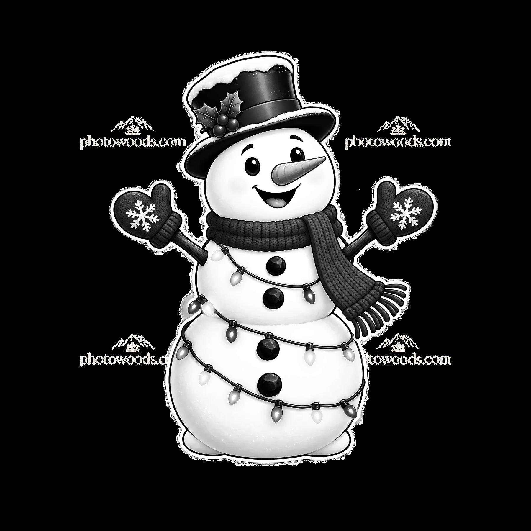 Snowman wearing black hat and scarf holding string lights - AI-generated stock image