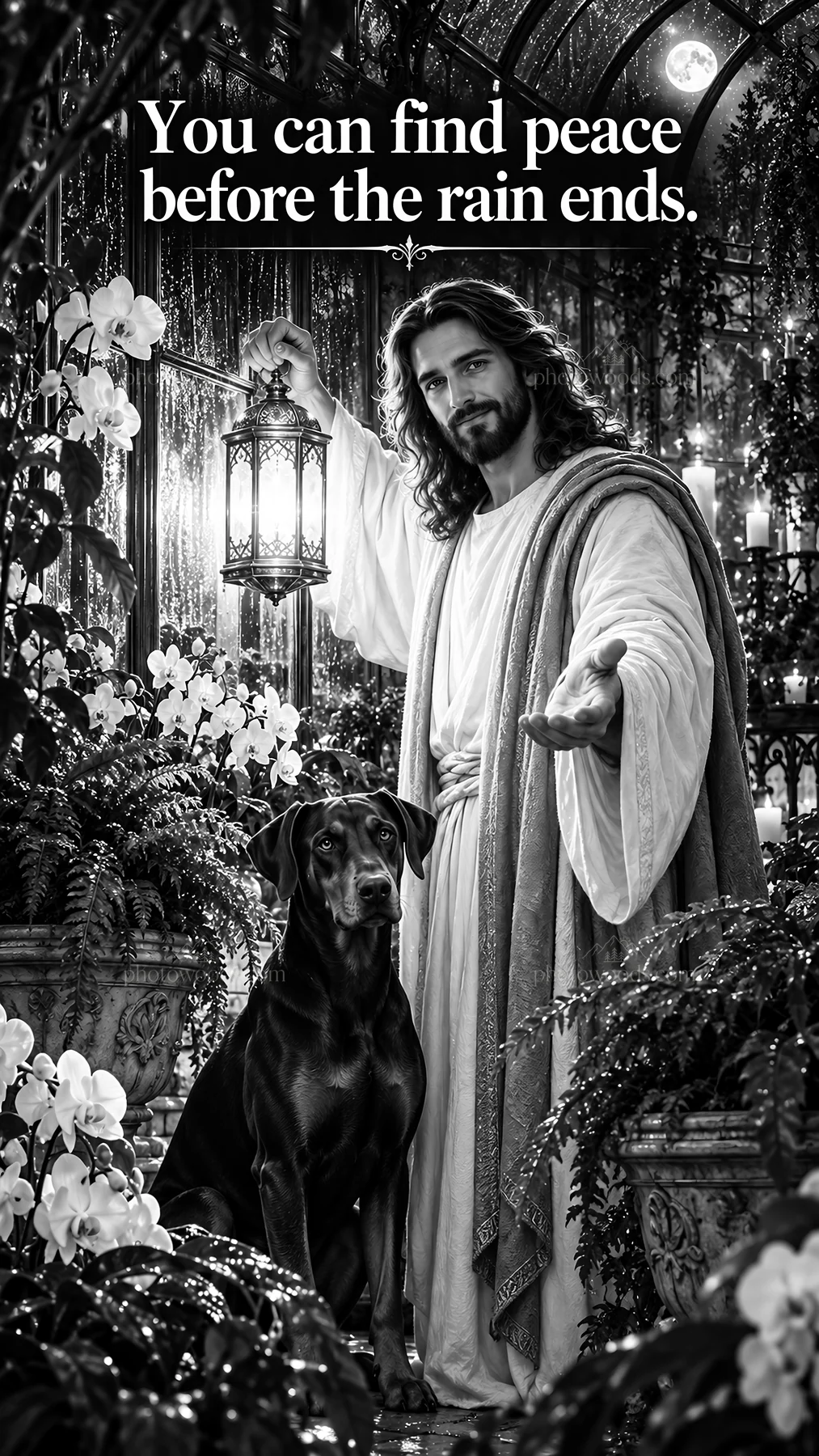 Jesus Christ offers comfort with a dog in a garden setting - AI-generated stock image