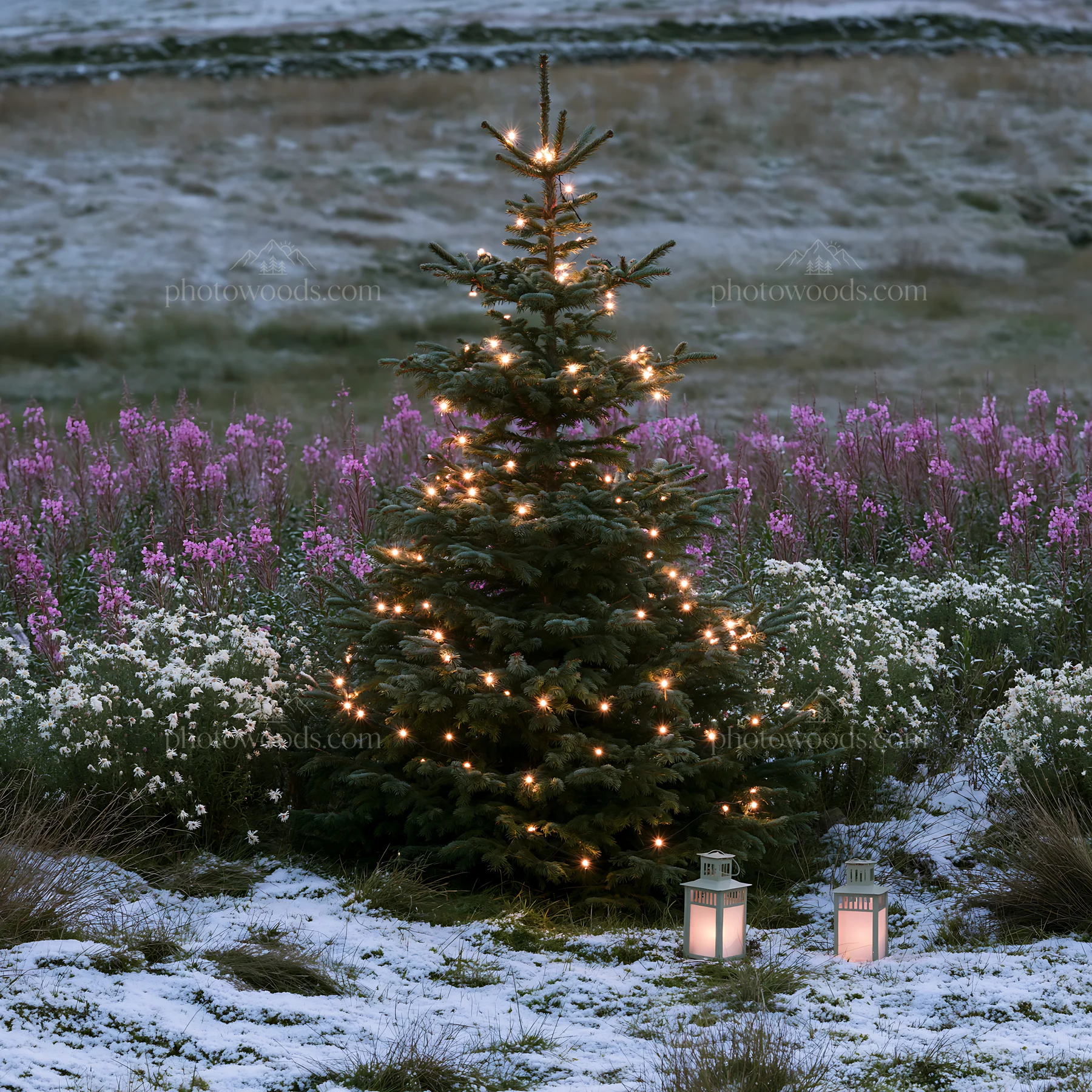 Christmas tree in snowy mountain meadow scene - AI-generated stock image