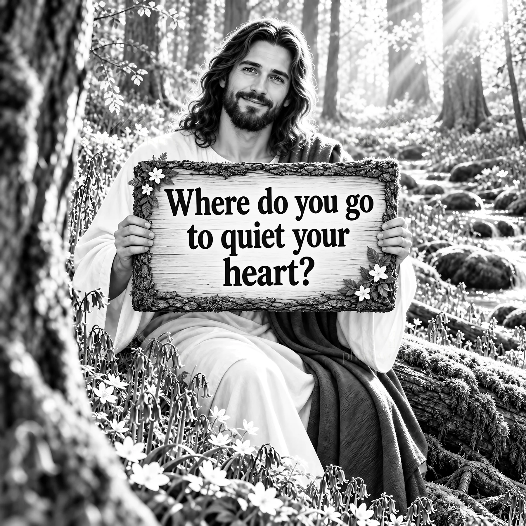 Jesus Christ holding a sign asking where to quiet your heart - AI-generated stock image
