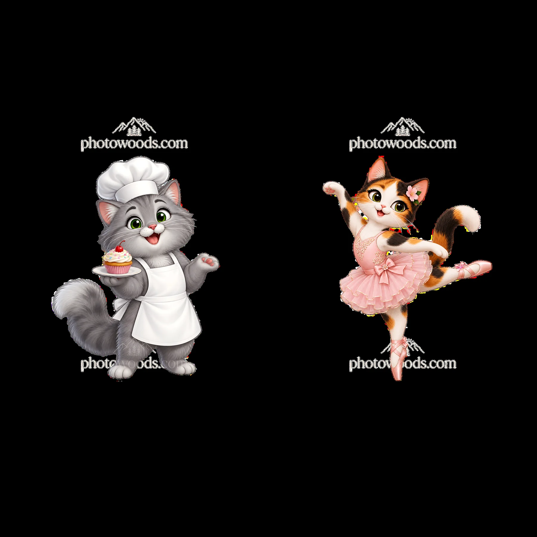 Cute cat chef and ballerina characters in a playful design - AI-generated stock image