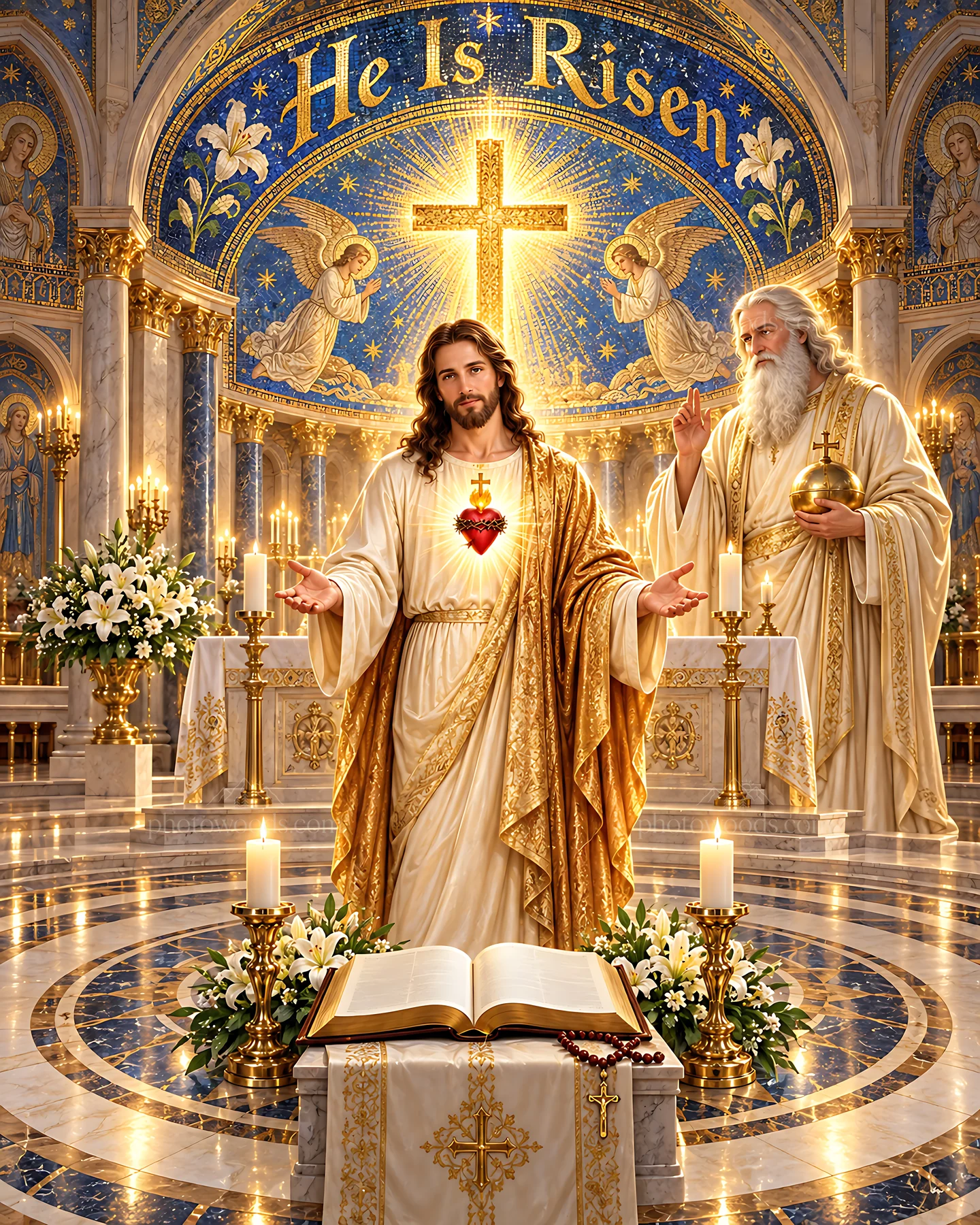 Resurrection scene in the Mosaic Basilica with figures - AI-generated stock image
