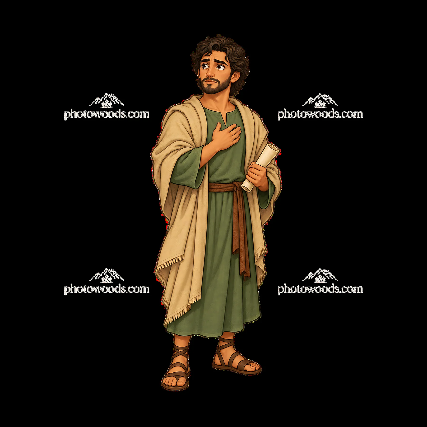Cartoon figure of a man in robe holding a scroll - AI-generated stock image