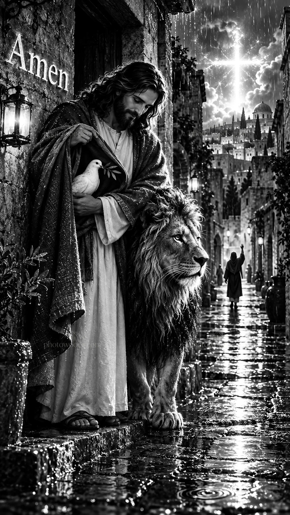 Jesus Christ walking with a lion and dove in a rain-soaked street - AI-generated stock image