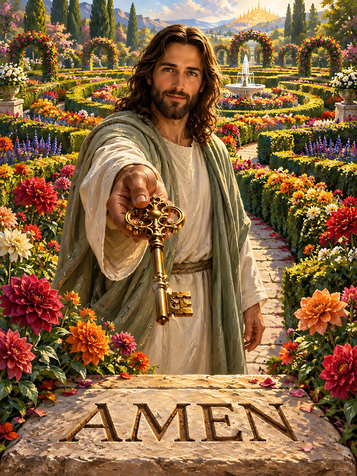 Key holder in flowering labyrinth with vibrant flowers - AI-generated stock image