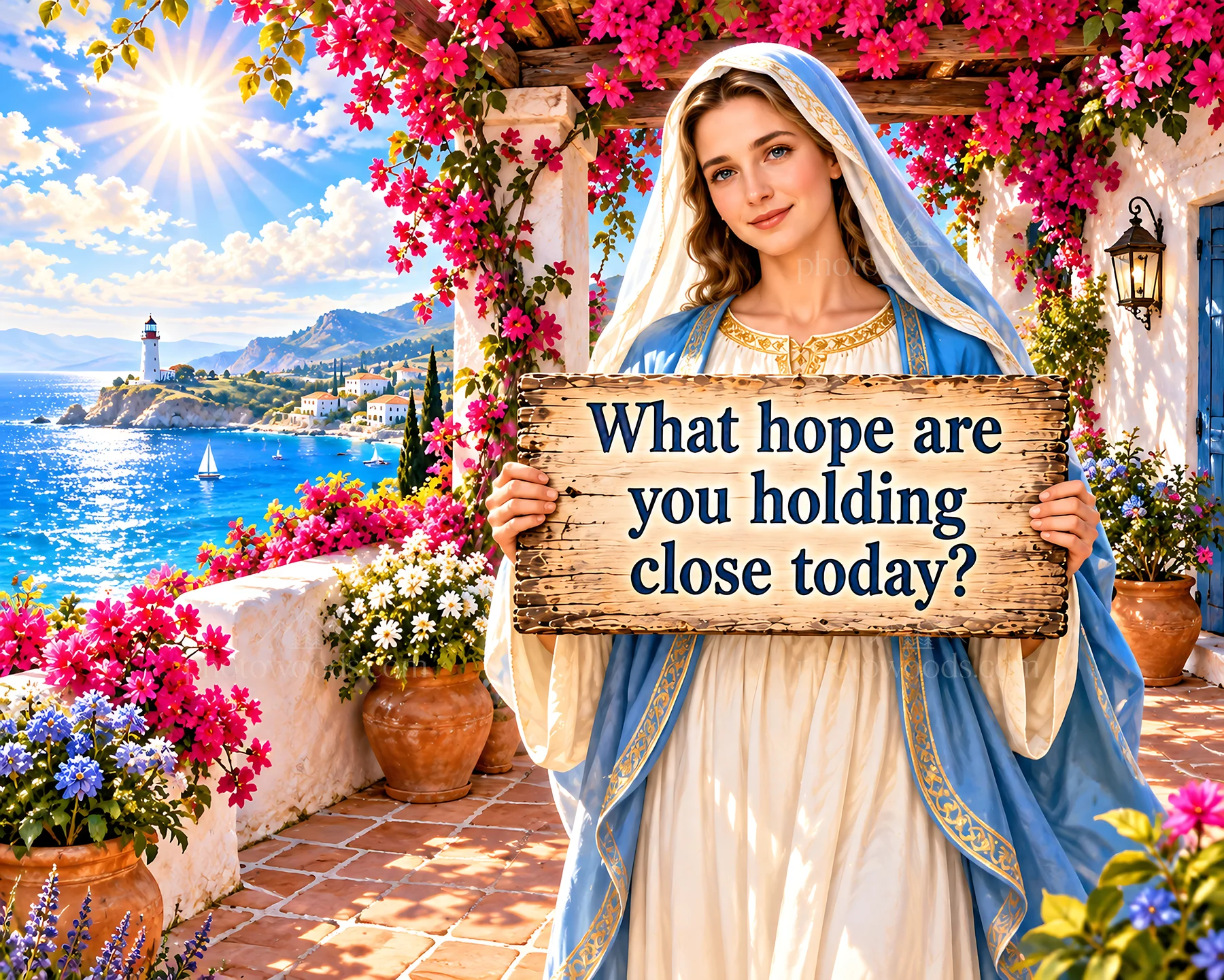 Jesus Christ holding a sign asking about hope - AI-generated stock image
