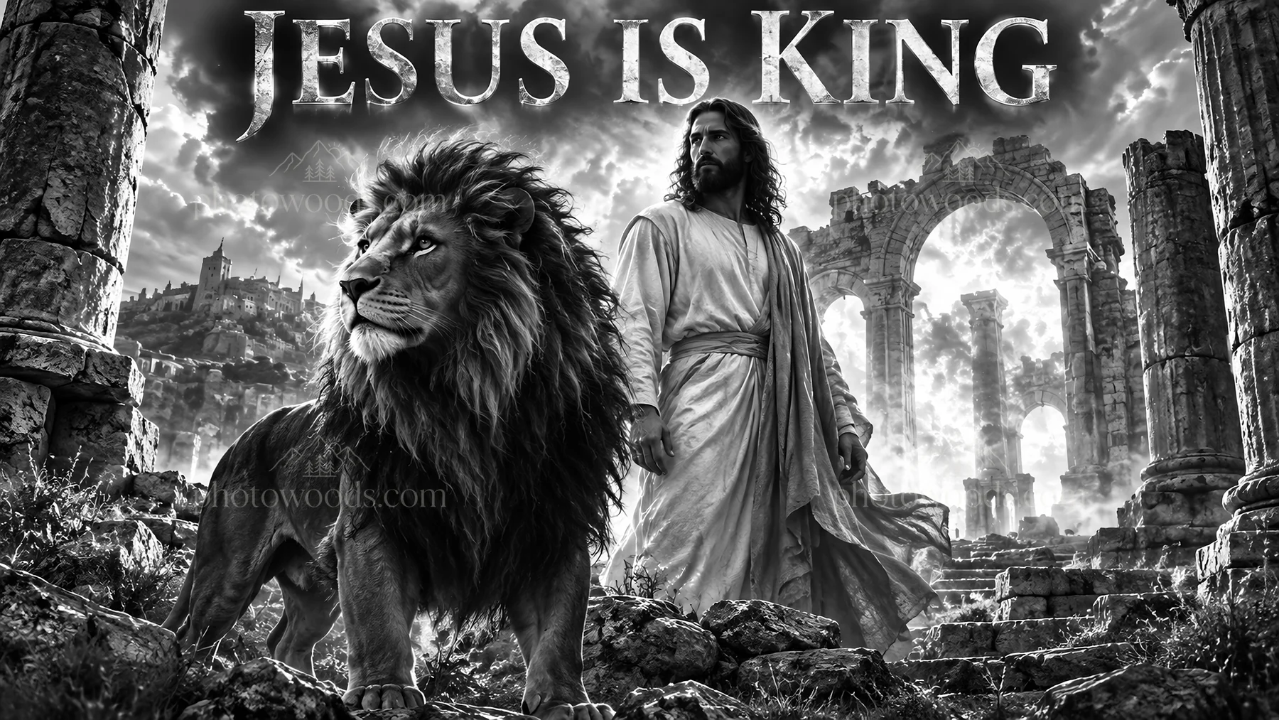 Jesus Christ stands with a lion in a powerful scene - AI-generated stock image