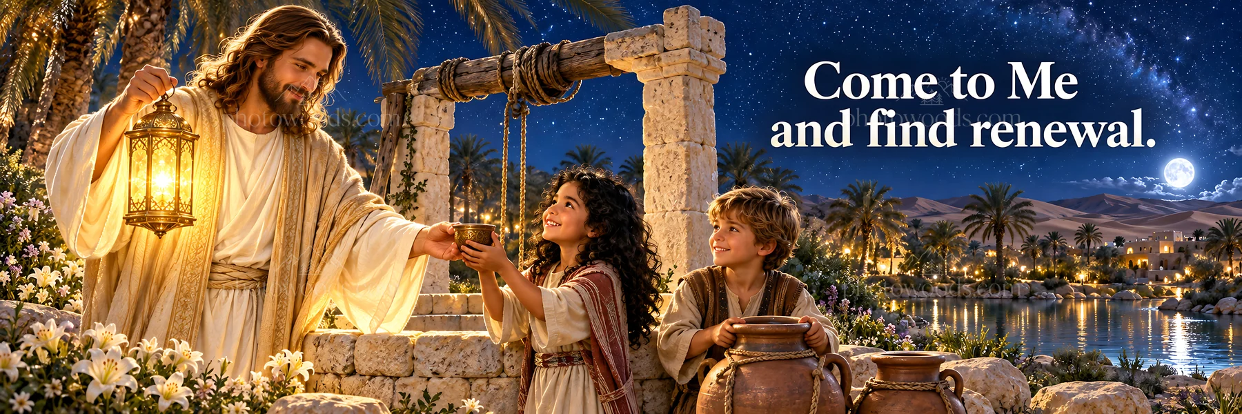 Jesus Christ offering comfort to children by a well - AI-generated stock image