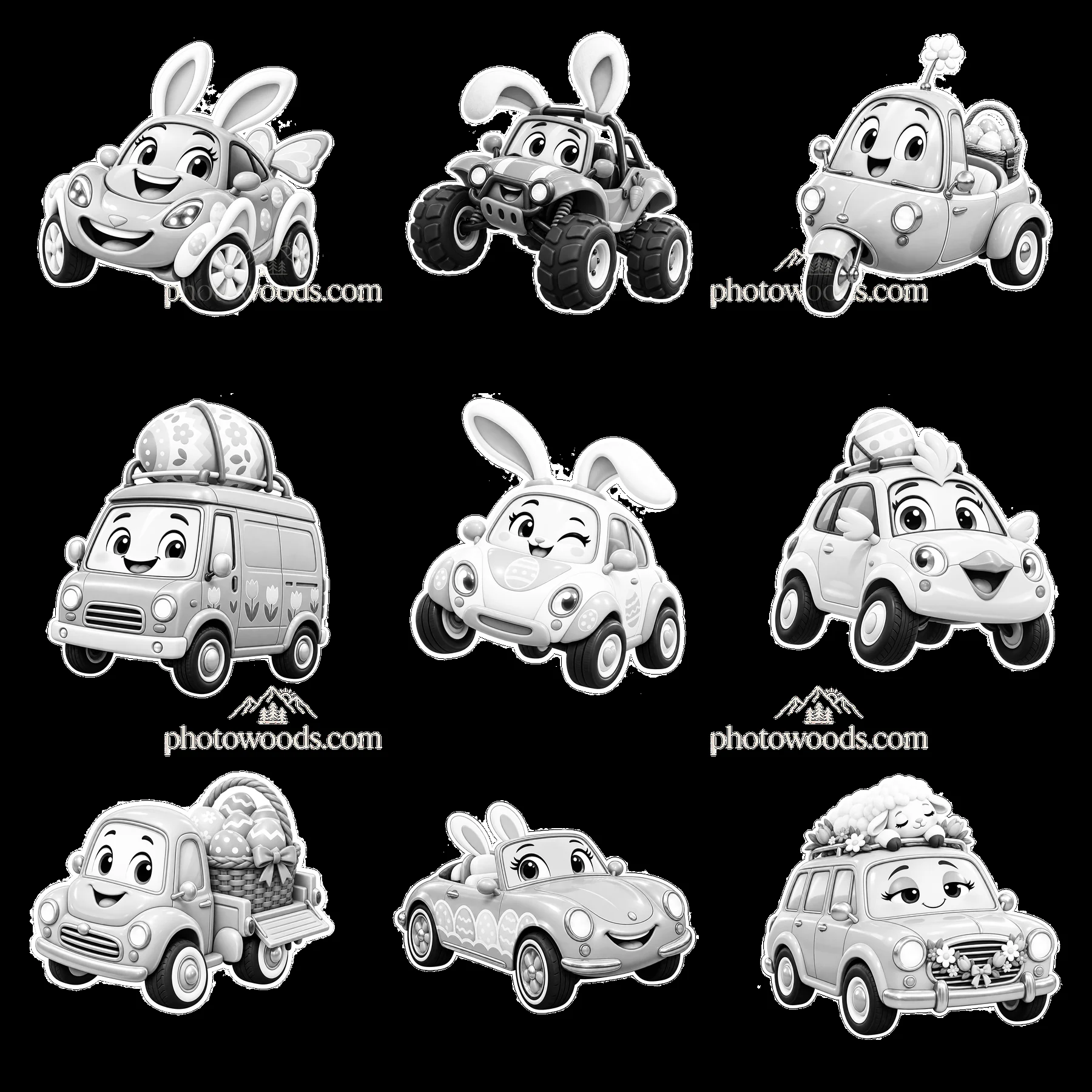 Easter themed cartoon cars in a 3x3 grid layout - AI-generated stock image
