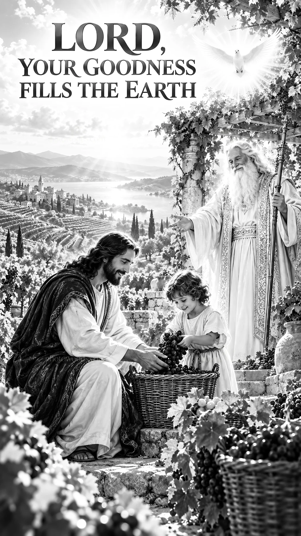 Jesus Christ teaching a child in a vineyard - AI-generated stock image