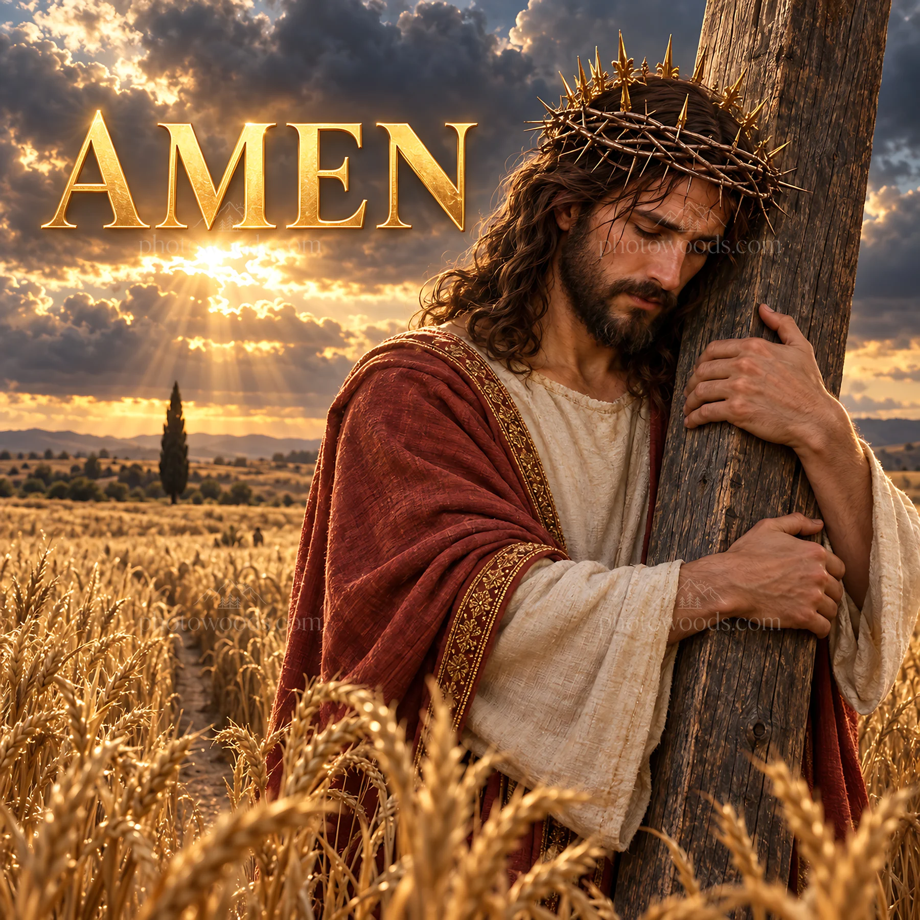 Jesus Christ embracing the cross in a field at sunset - AI-generated stock image