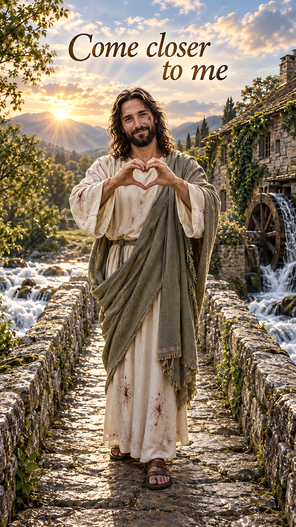 Jesus Christ invites viewers to come closer - AI-generated stock image