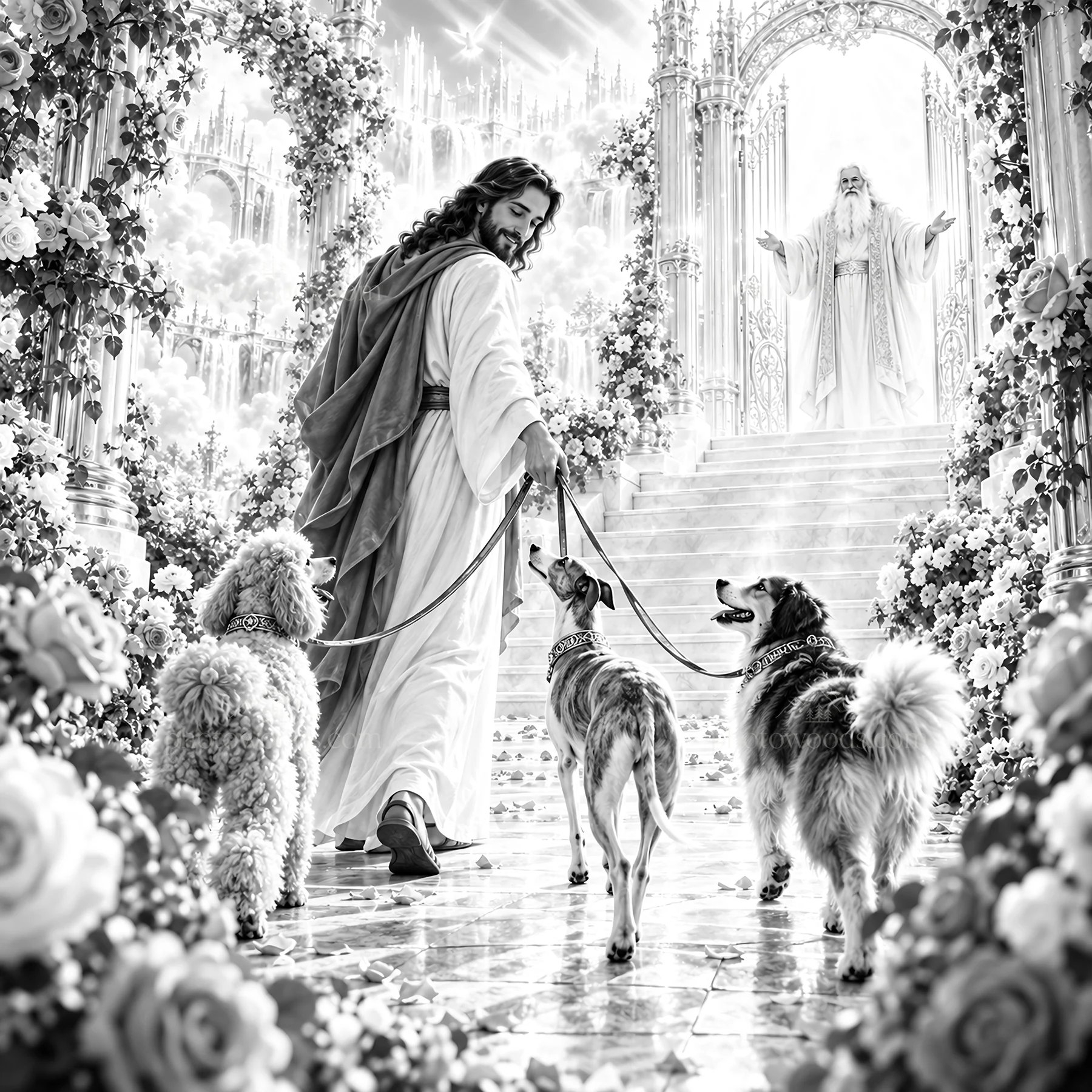 Jesus Christ leading dogs in a heavenly garden - AI-generated stock image
