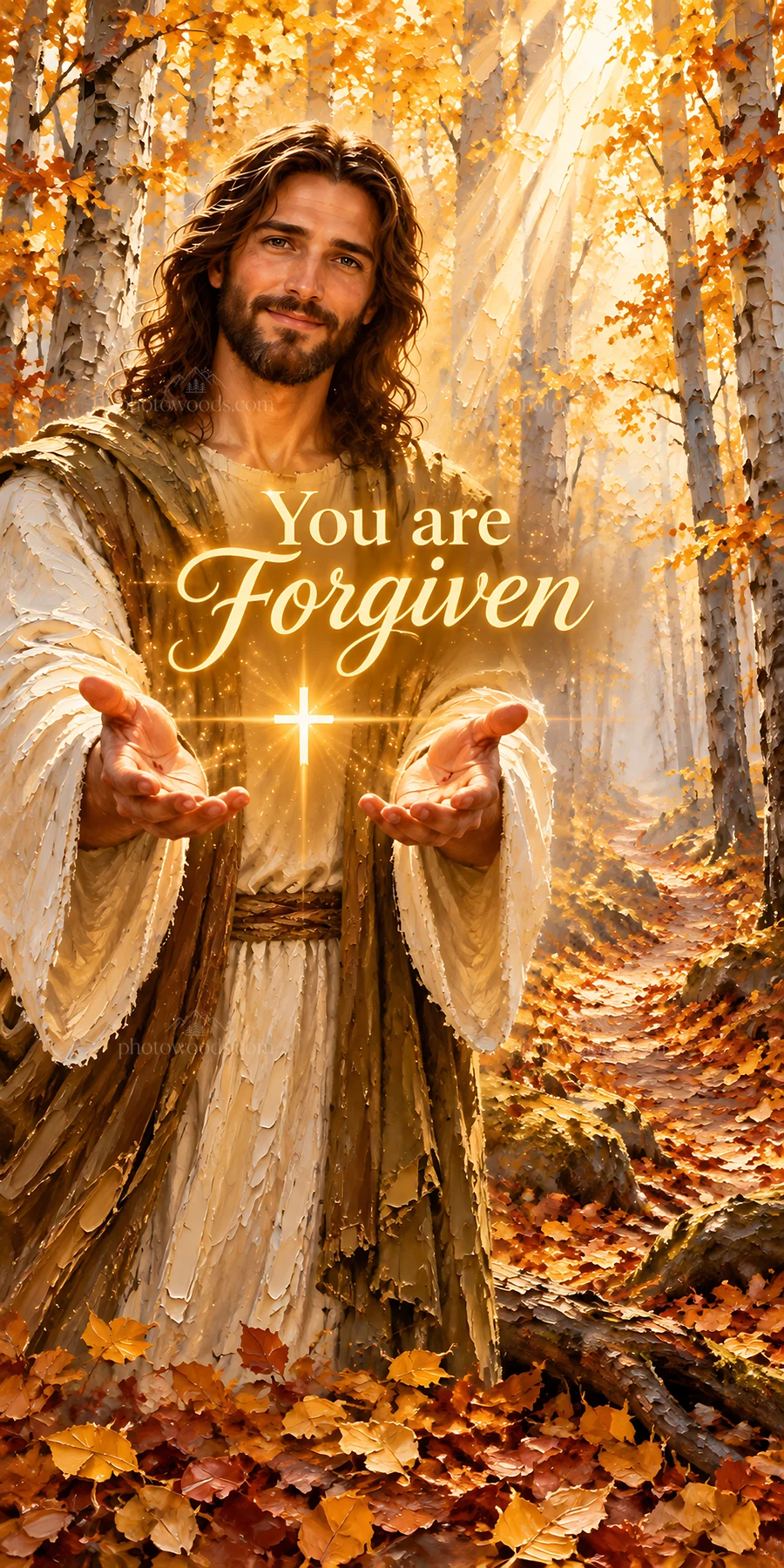 Jesus Christ welcoming with hands outstretched in a forest - AI-generated stock image