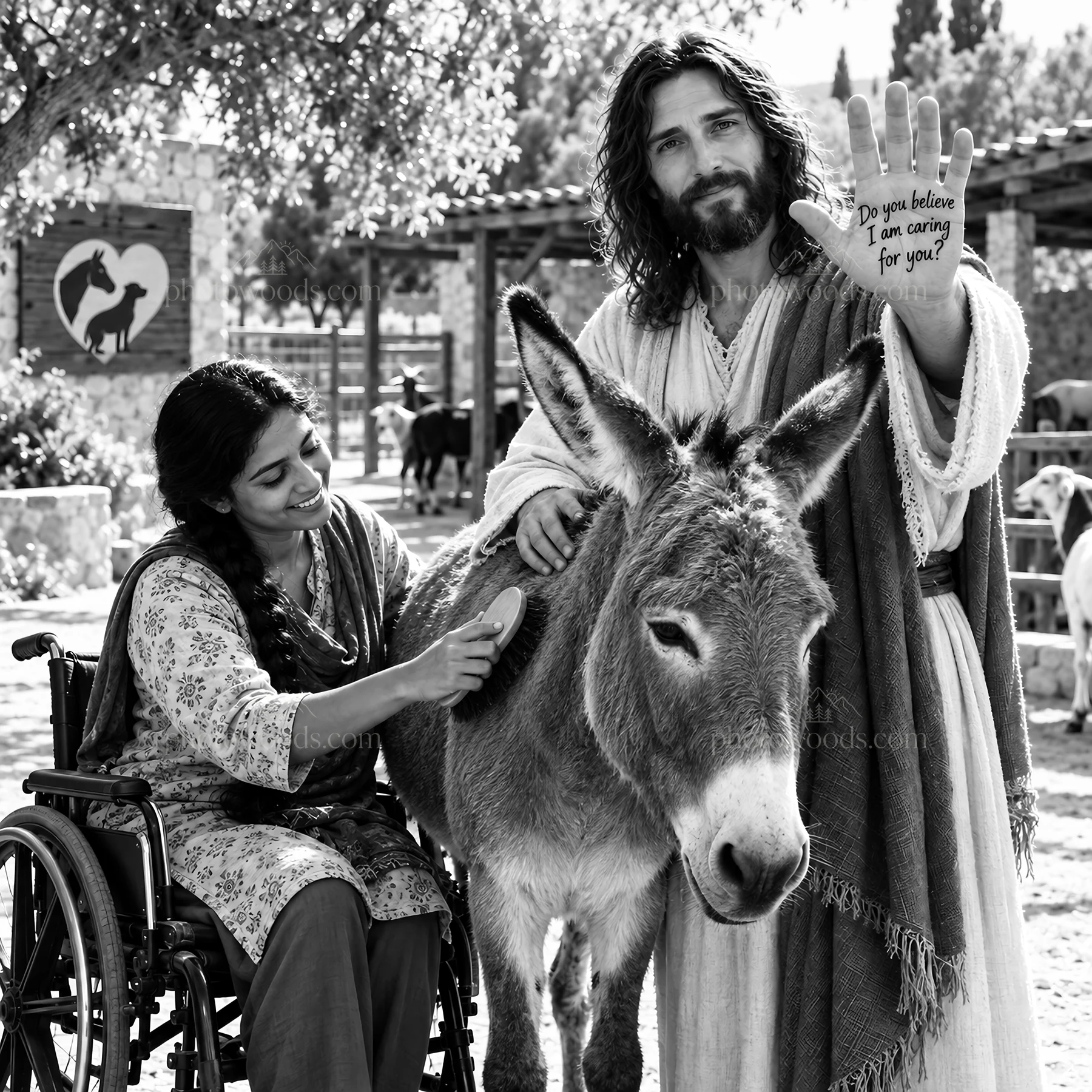 Jesus Christ offers comfort to a woman caring for a donkey - AI-generated stock image