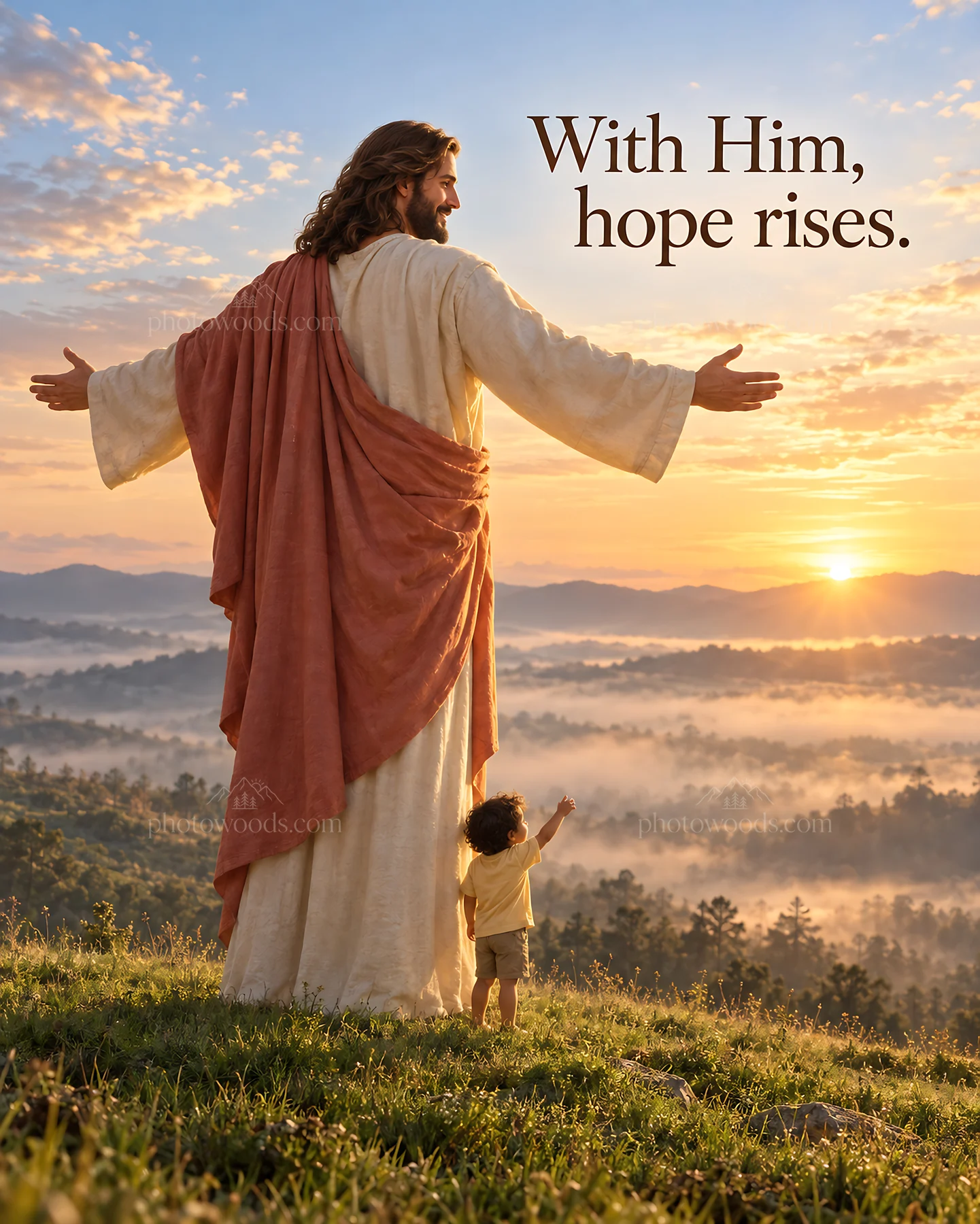 Jesus Christ offering hope to a child in a sunset scene - AI-generated stock image