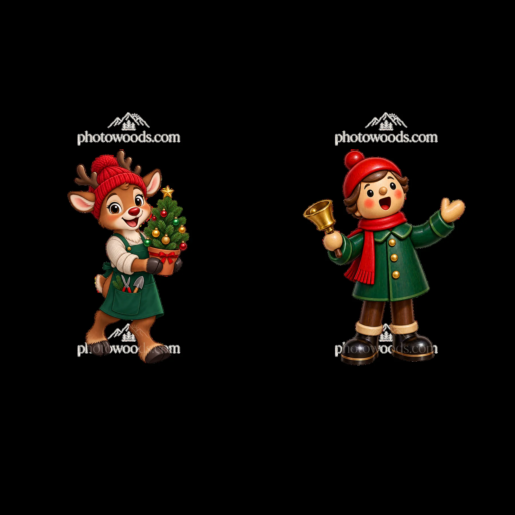 Christmas deer and boy with tree and bell in festive outfit - AI-generated stock image