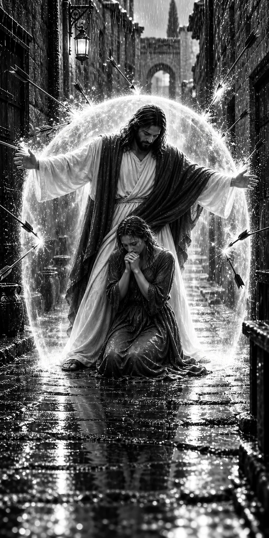 Jesus Christ protecting a woman in a rain-soaked street - AI-generated stock image