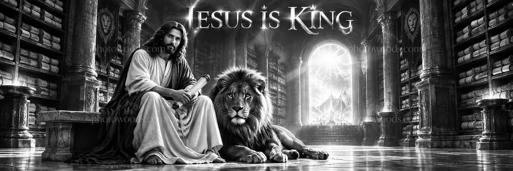 Jesus Christ in a library with a lion, proclaiming King - AI-generated stock image