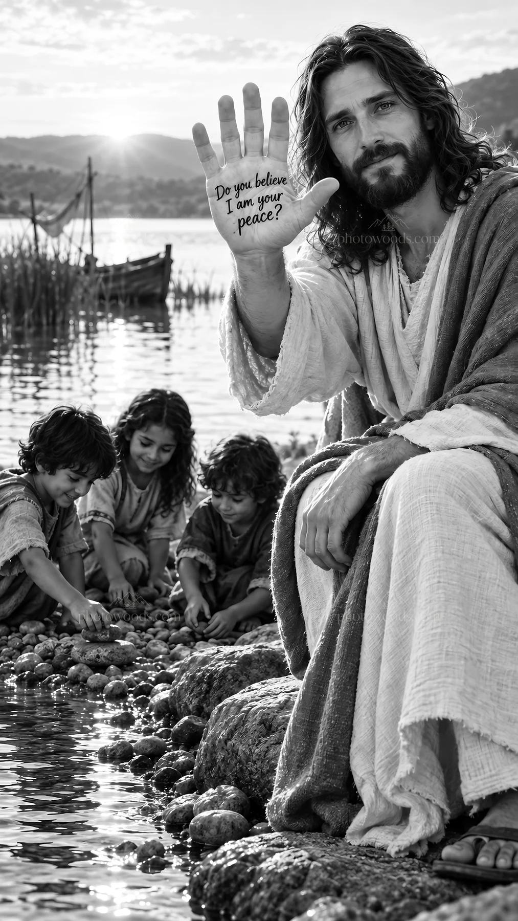Jesus Christ comforting children by the water - AI-generated stock image