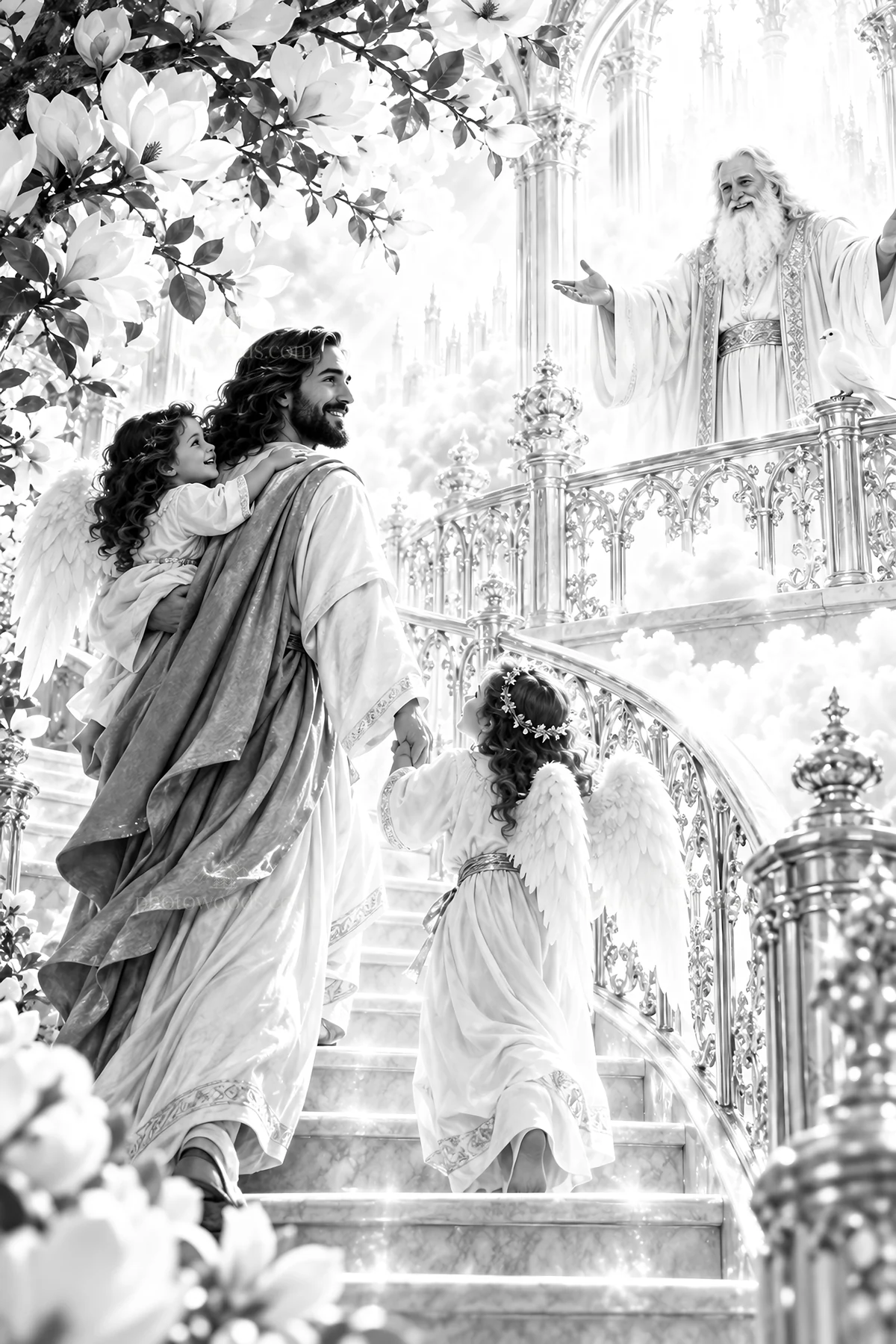 Jesus Christ walks up the stairs with children and an angel - AI-generated stock image