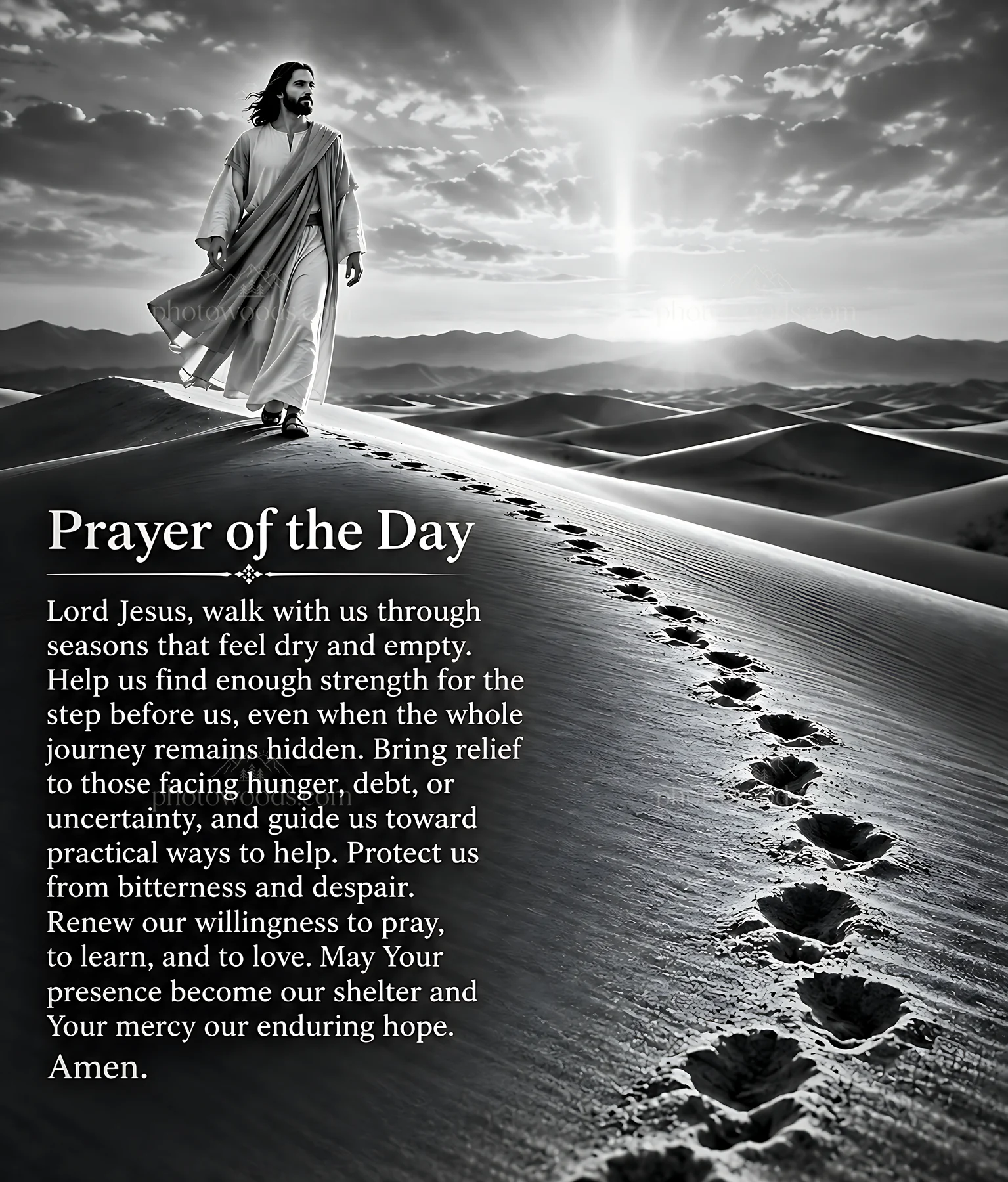 Hope across the desert with footsteps on the sand - AI-generated stock image