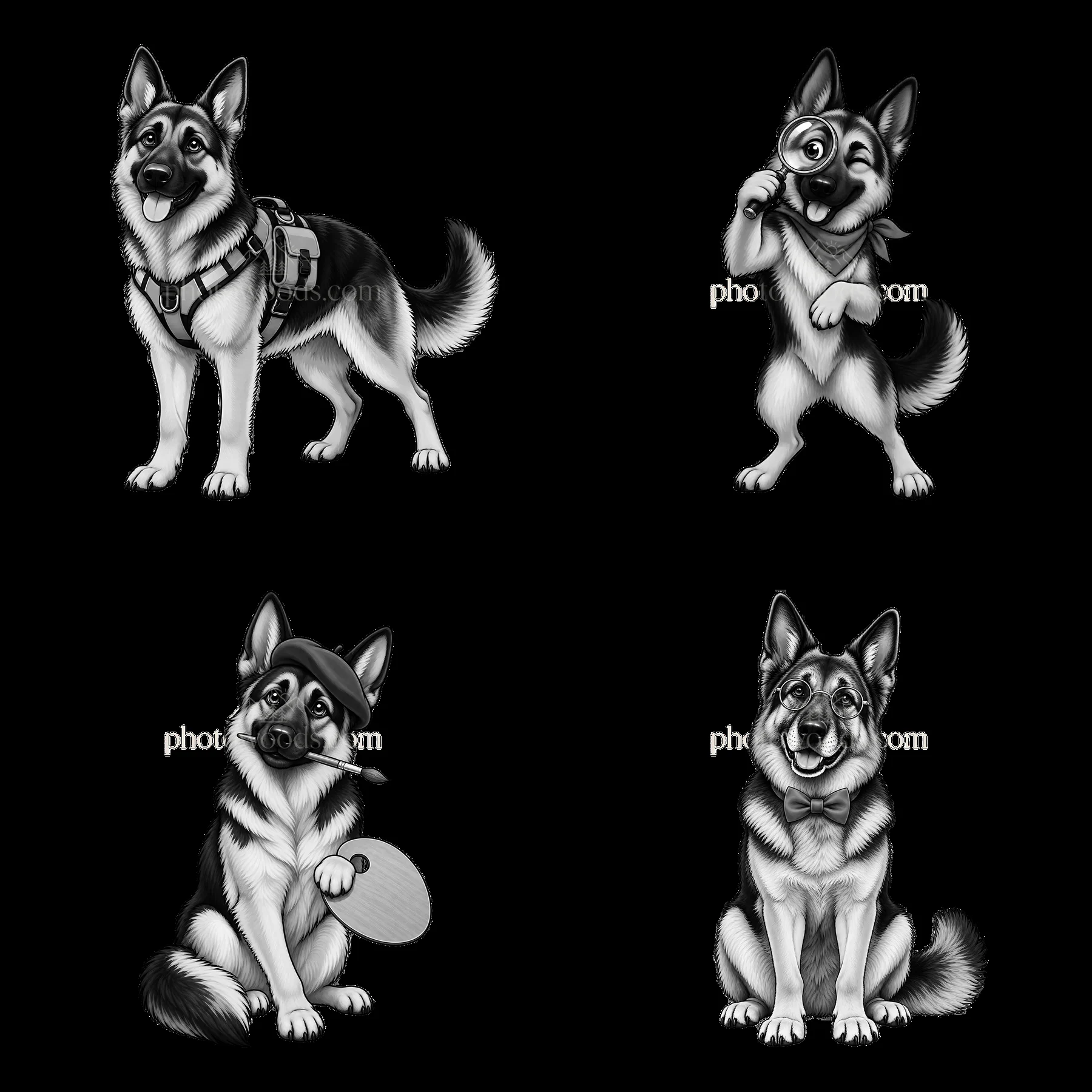 Four cartoon illustrations of German Shepherd dogs in various poses - AI-generated stock image