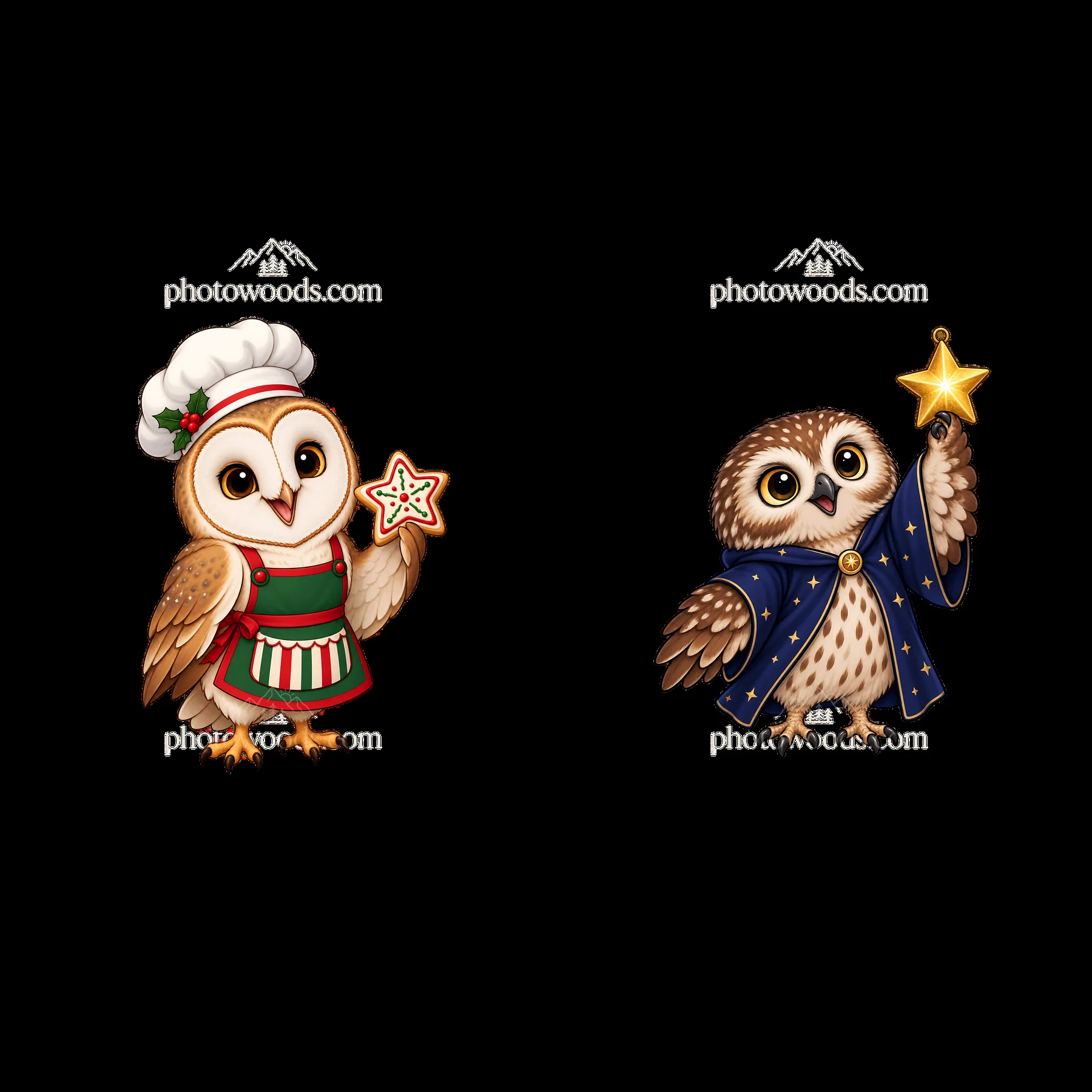 Christmas owls holding stars and cookies in festive costumes - AI-generated stock image