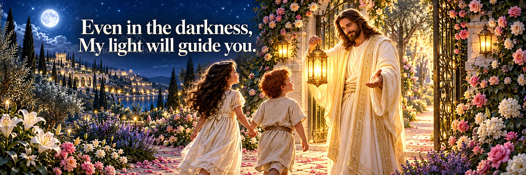 Jesus Christ guiding children through a garden path - AI-generated stock image