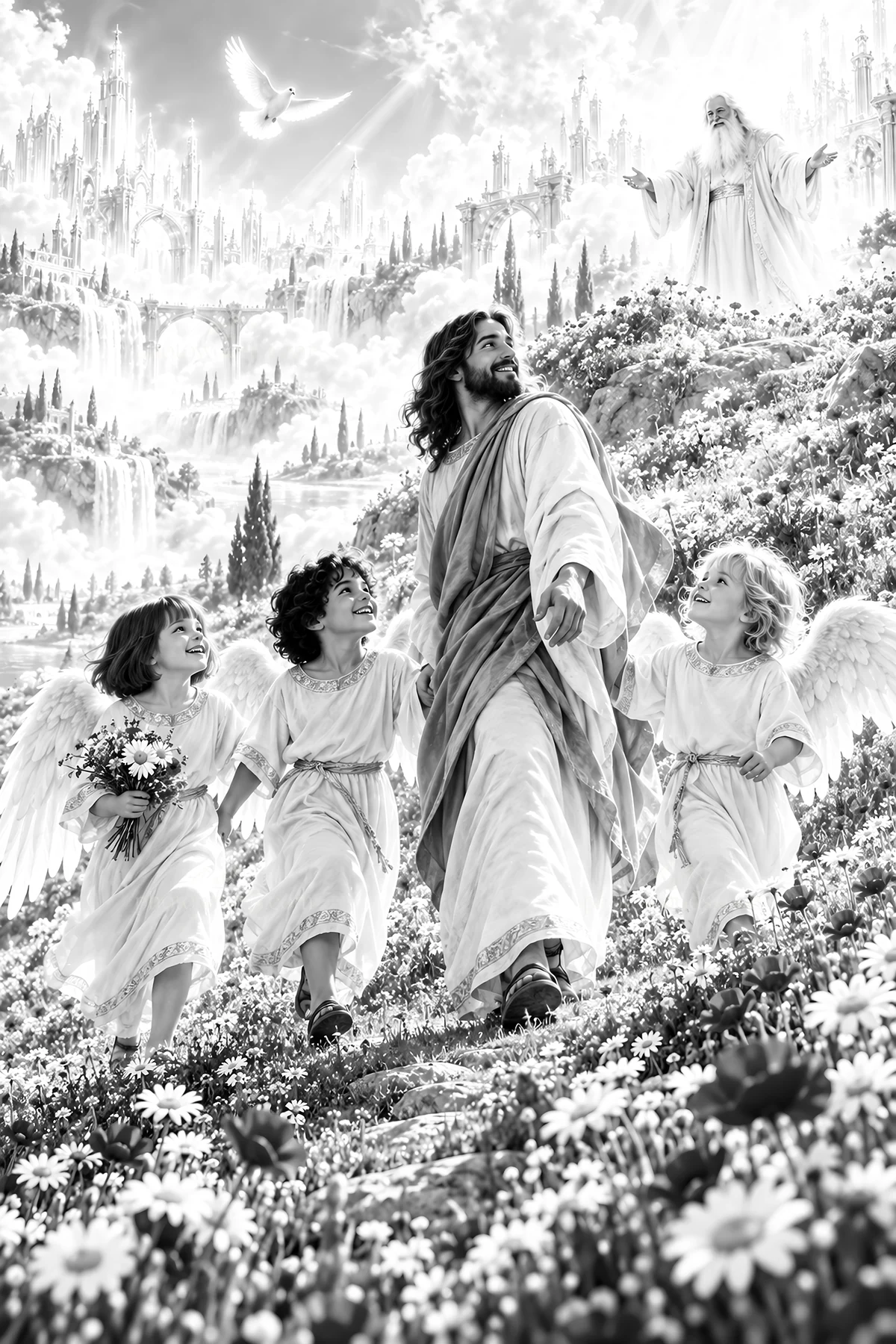 Jesus Christ walking in a heavenly garden with children - AI-generated stock image