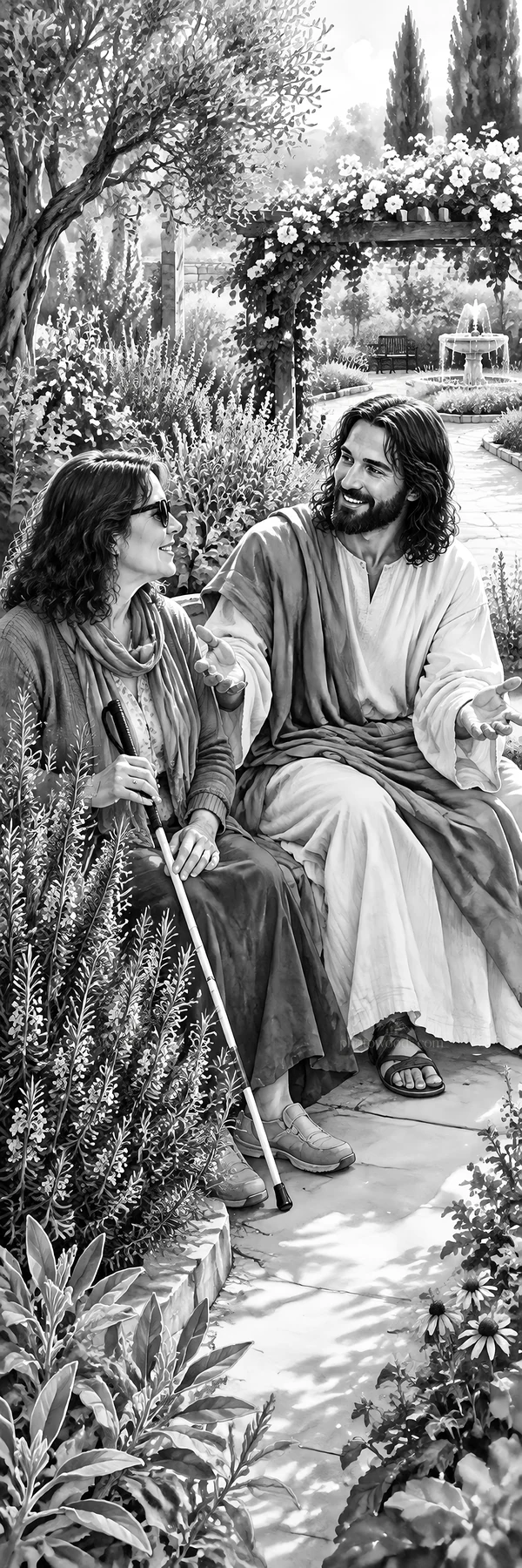 Jesus Christ comforting a woman in a garden setting - AI-generated stock image