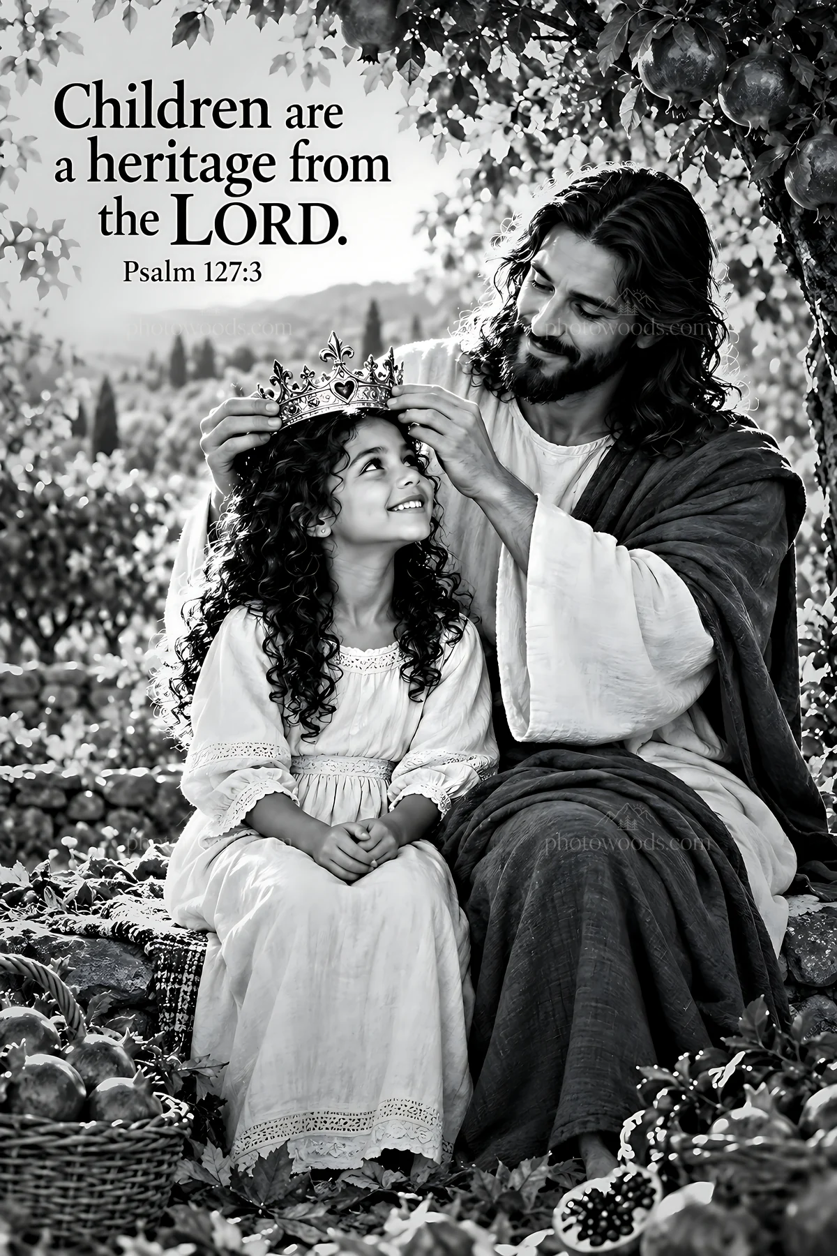 Jesus Christ crowns a child in a garden setting - AI-generated stock image