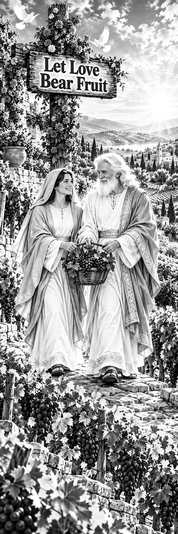 Jesus Christ walking with a woman through a vineyard - AI-generated stock image