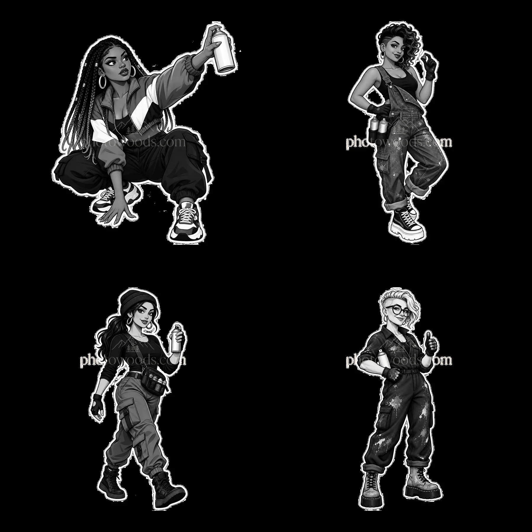 Sexy female graffiti sprayers holding cans in monochrome design - AI-generated stock image