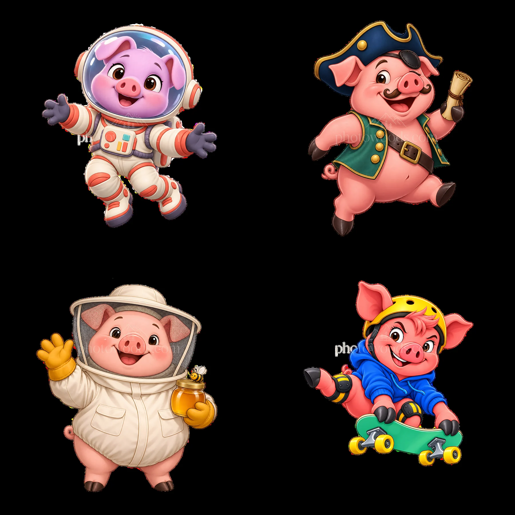 Four cartoon pigs in different costumes and actions - AI-generated stock image