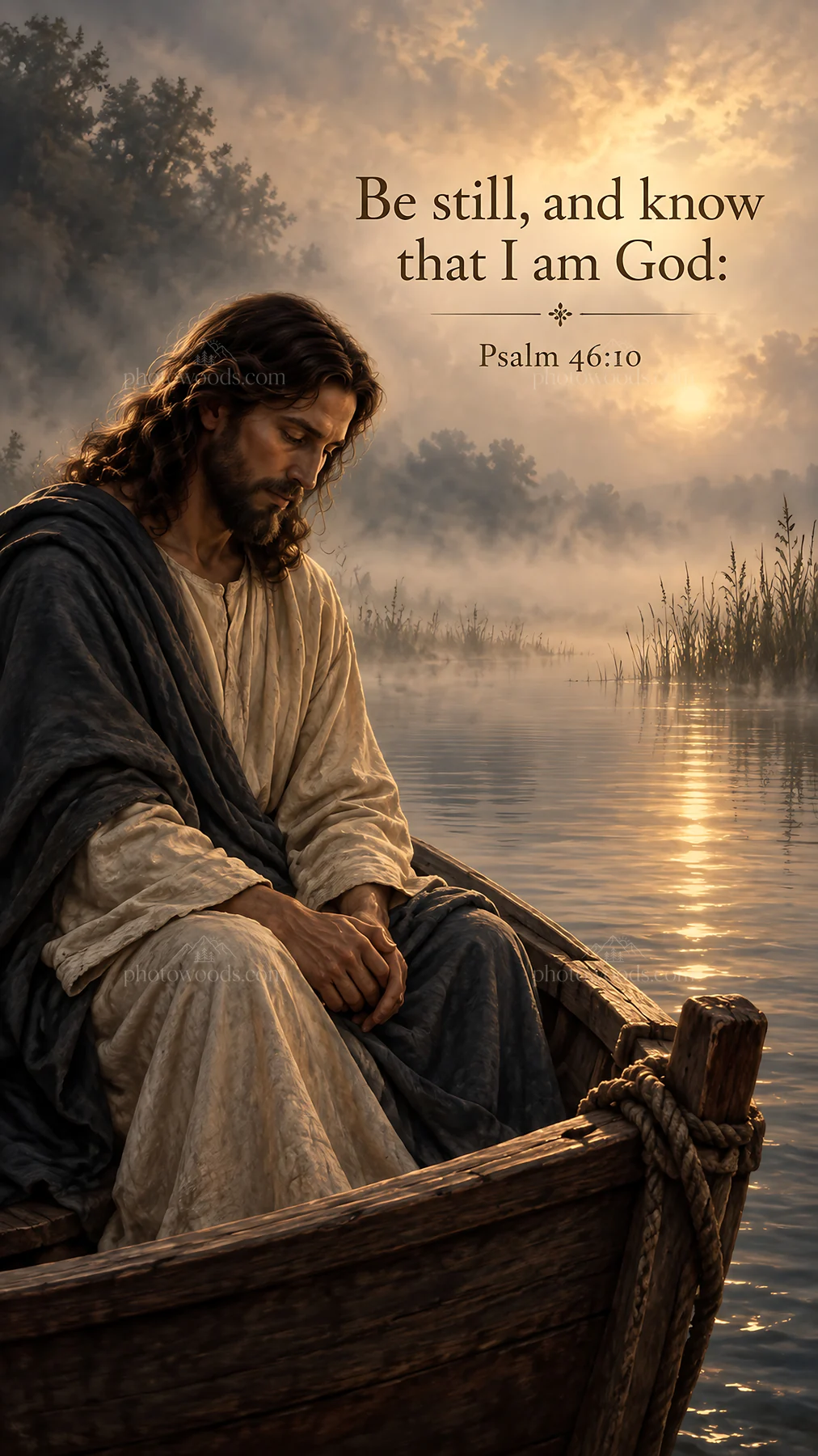 Jesus Christ sitting in prayer by the water at dawn - AI-generated stock image