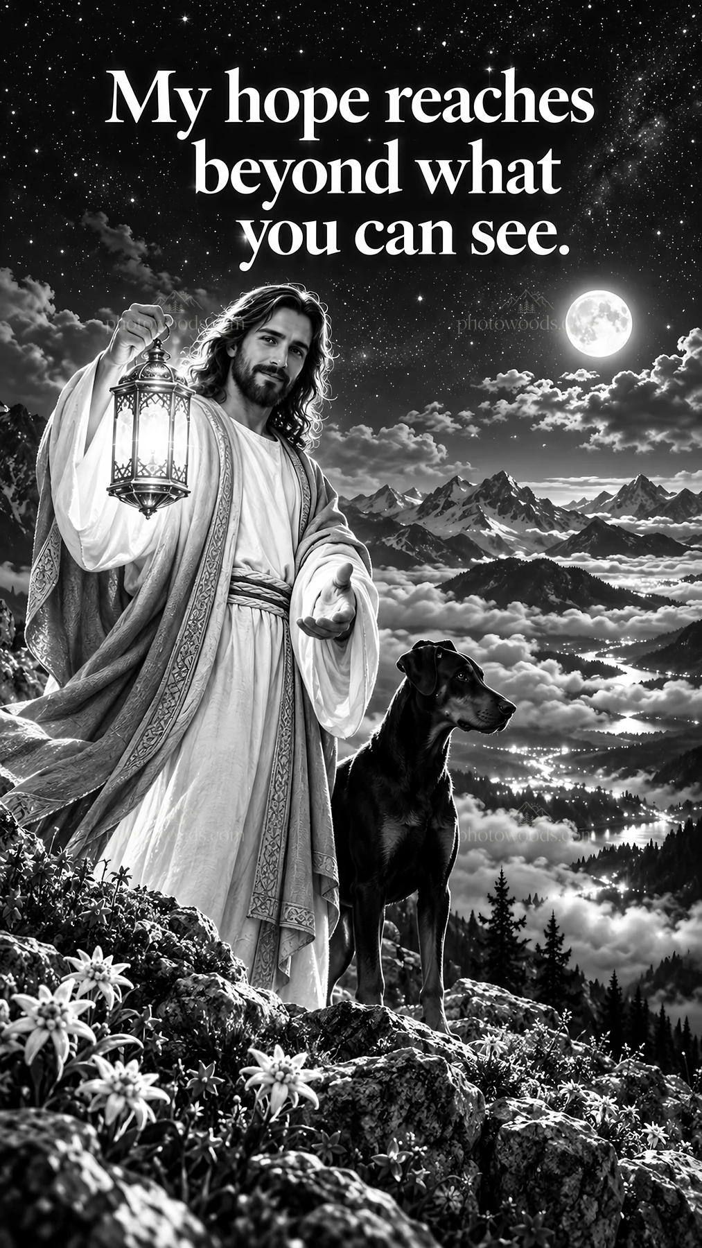 Jesus Christ holding a lantern with a dog in a mountainous landscape - AI-generated stock image